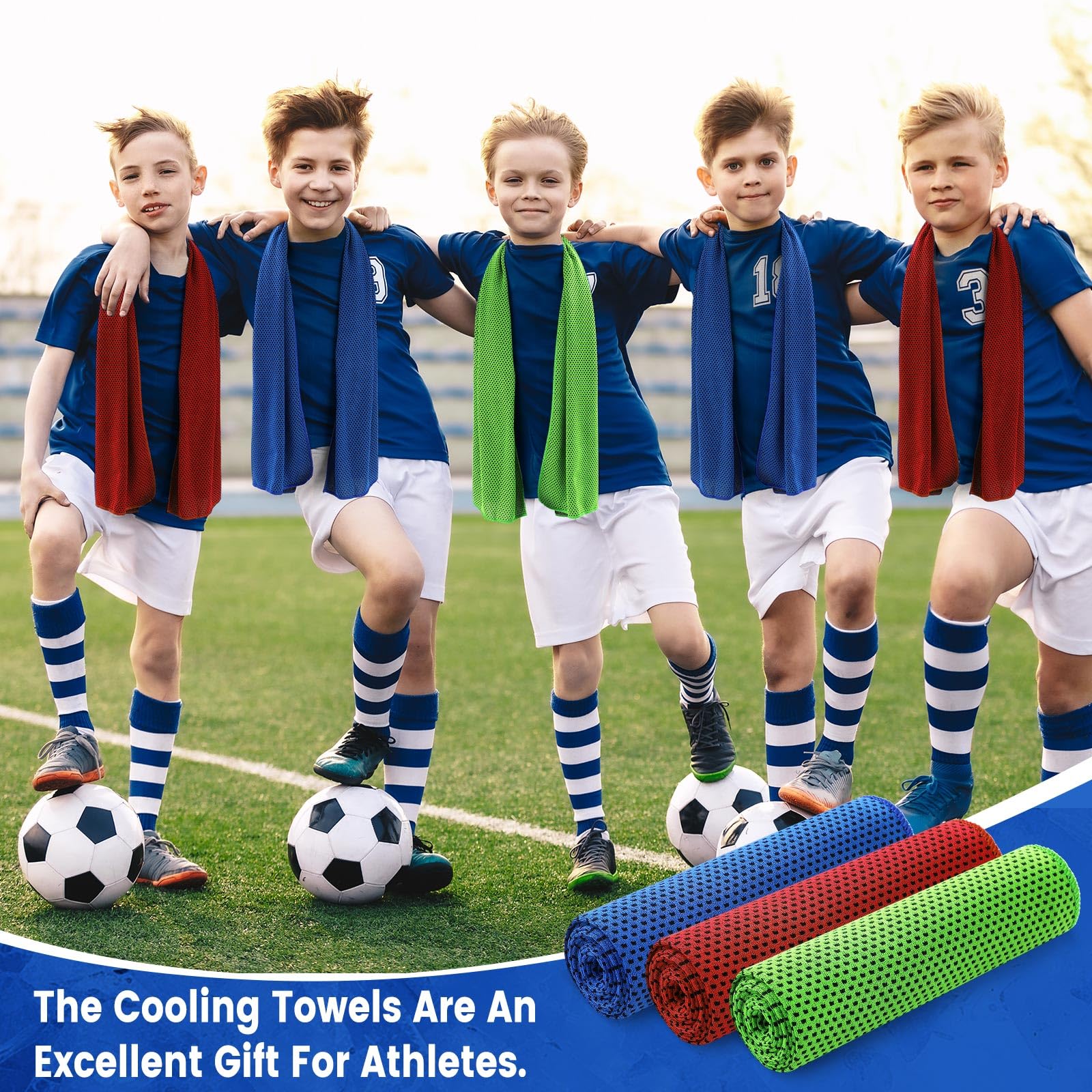 Confezione da 150 Asciugamani rinfrescanti,Grandi,Traspiranti,per Sport,con Stampa a Sublimazione,Ideali per Il Collo,per allenamenti in Palestra e per Le giornate Calde (Blu Scuro,Rosso,Verde).