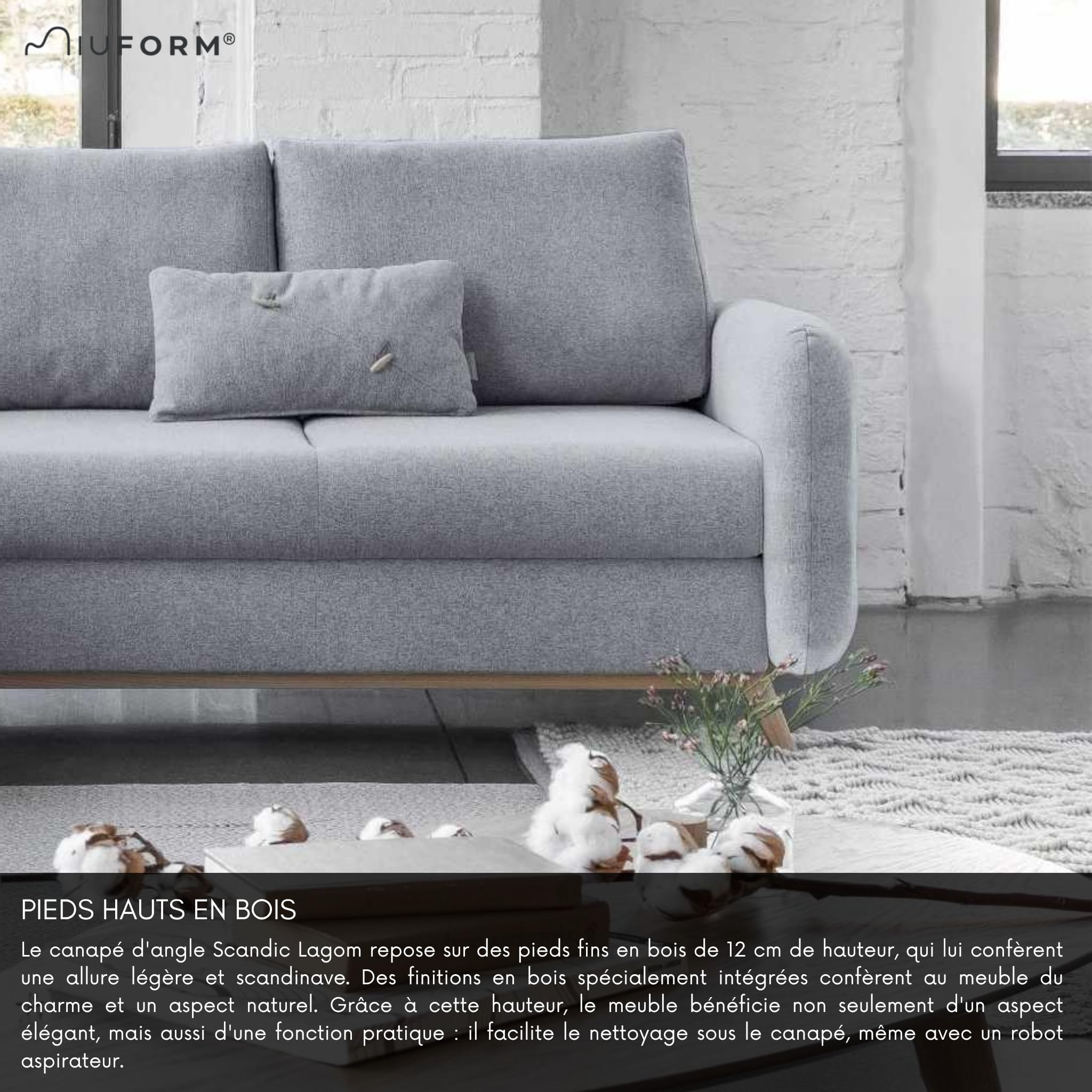 MIUFORM Scandic Lagom L | Canapé d'angle 6 Places avec Rangement et Fonction Couchage | en L à Gauche | Canapé 242 x 202 x 90 cm | Sofabed Convertible | Canapé-lit Pliant | Gris Clair