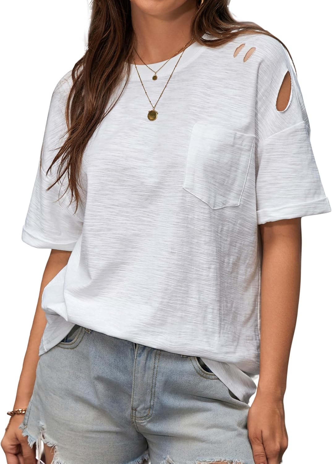 SOFIA'S CHOICE Women Distressed Short Sleeve T Shirts Summer Ripped Cut Out Tops Basic Cotton Tee Top