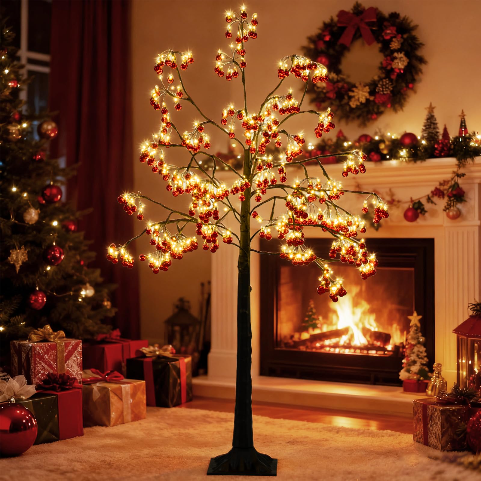 COSTWAY 150 cm Arbre Artificielle Lumineux, 384 Boules Rouges, Sapin de Noël, 480 LED Blanc Chaud, Branches Flexibles, Piquets de Sol, Noel Decoration Exterieur Interieur