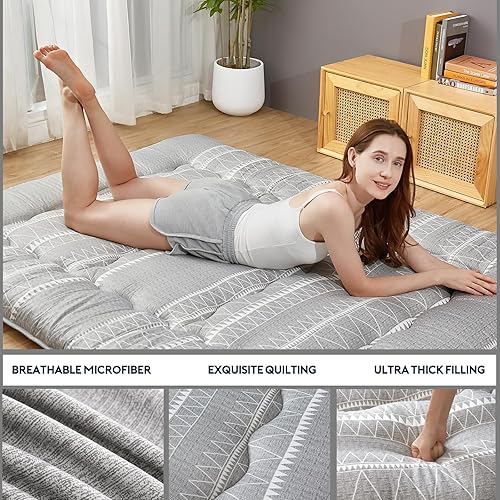 Miniatura 10 de Aigbiot Colchón de futón japonés plegable de tatami, tapete de dormir enrollable con funda lavable para adultos, niños, invitados, individual,