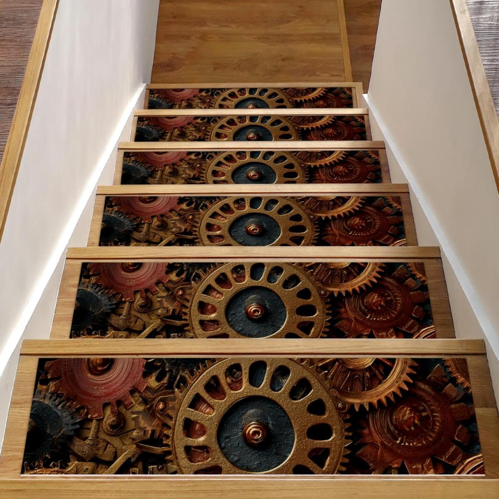 Tapis de marche d'escalier antidérapant steampunk à 15 engrenages pour marches bois