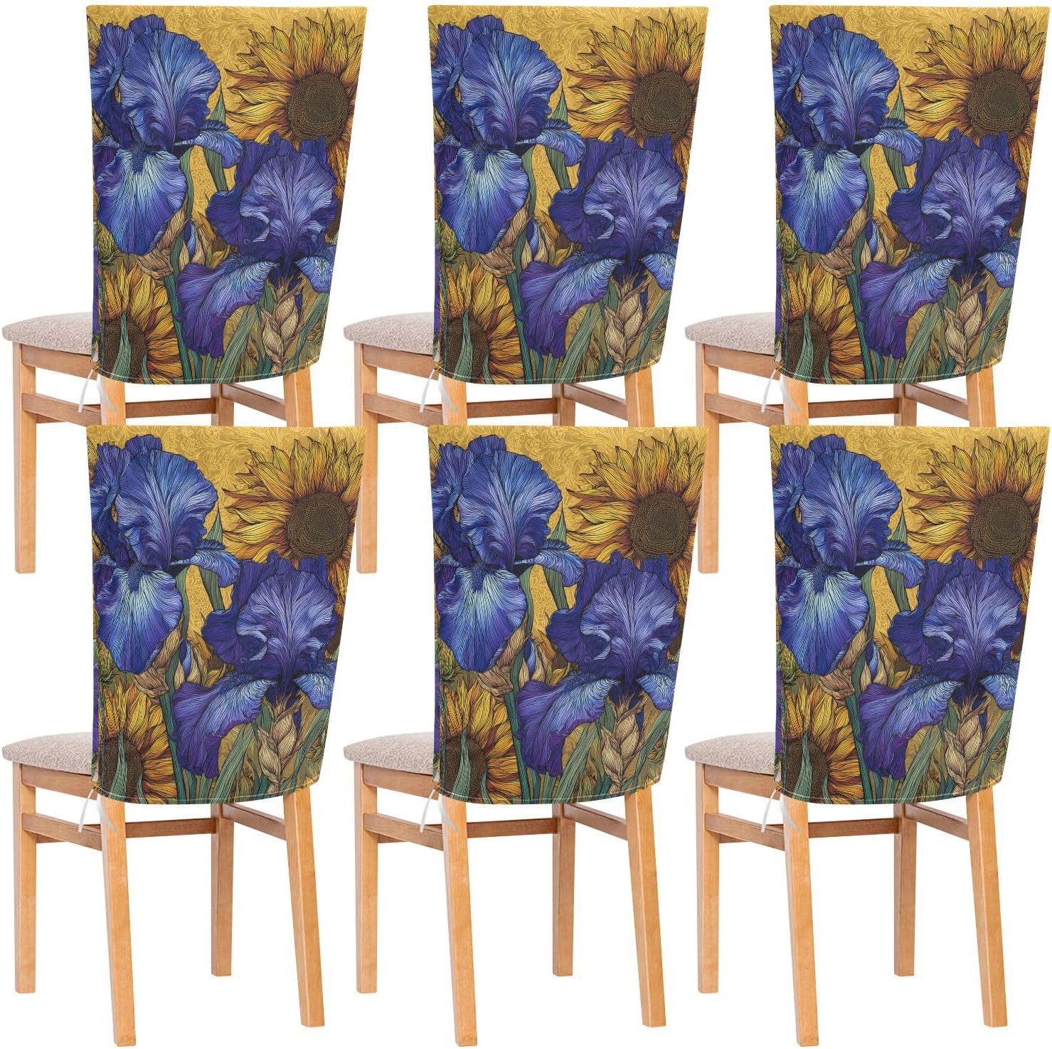 ALAZA Vintage Iris Flowers Sunflowers Chair Back Cover Set of 6, Washable Reusable Removable Chair Slipcovers Decorative Chair Cover for Home Kitchen Wedding Party