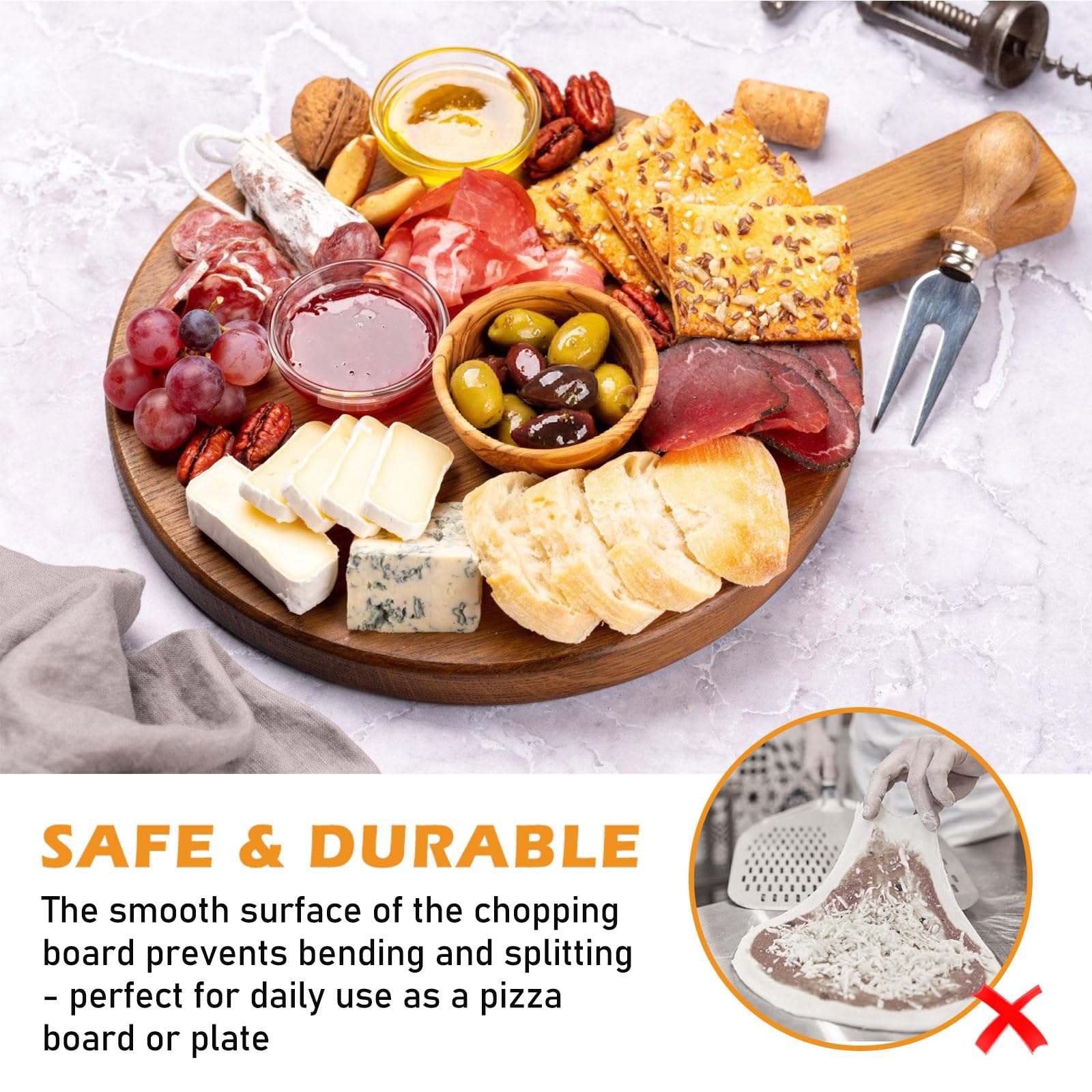 BORDEAG Pizzabord van hout, rond, 40 cm, snijplank van hout, pizzaborden, snijplanken met handvat, pizza-accessoires thuis, pizza-peddel, pizzaschep voor pizza, foccacia, brood, cake
