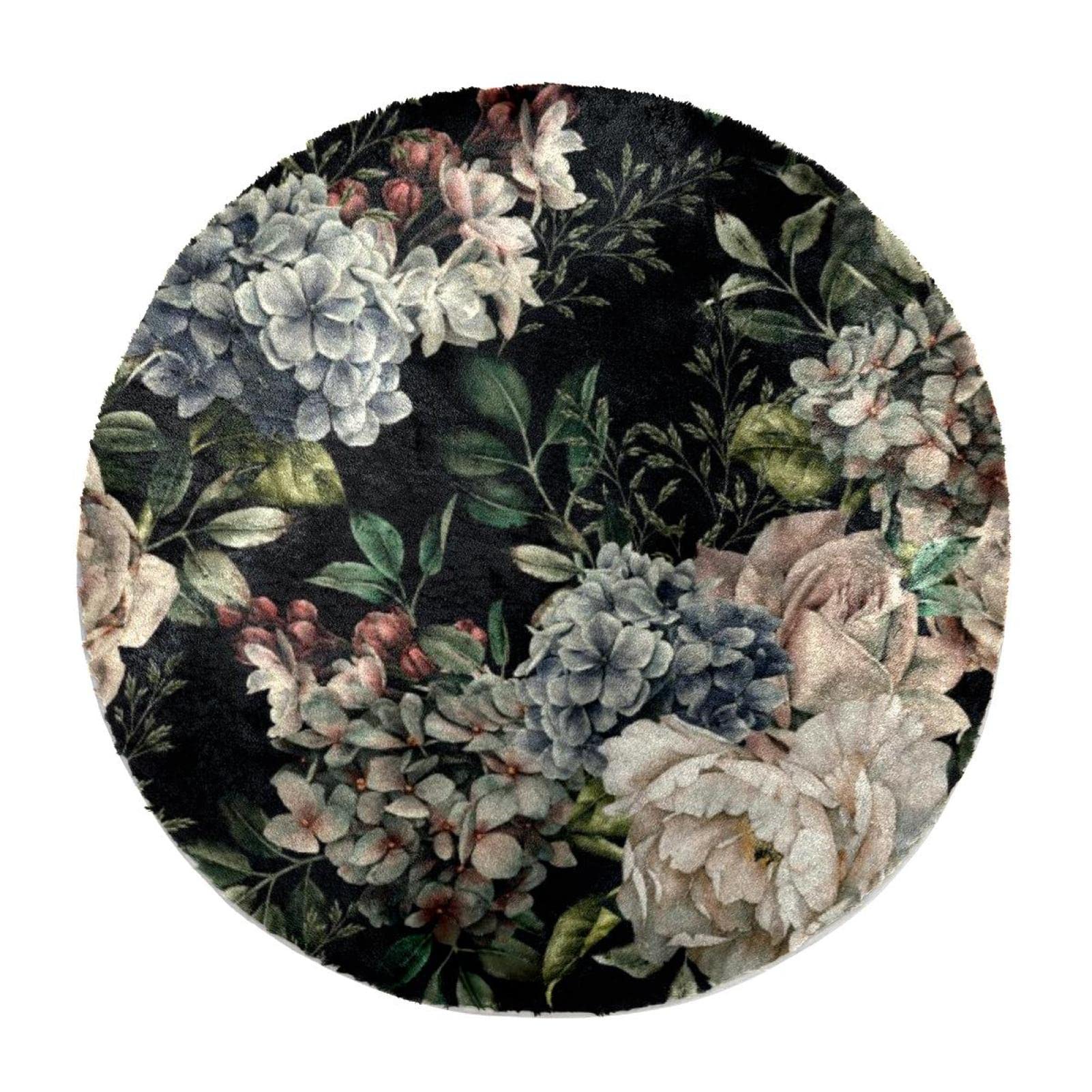 Tapis rond à poils longs en peluche dense motif fleurs artistiques fond sombre
