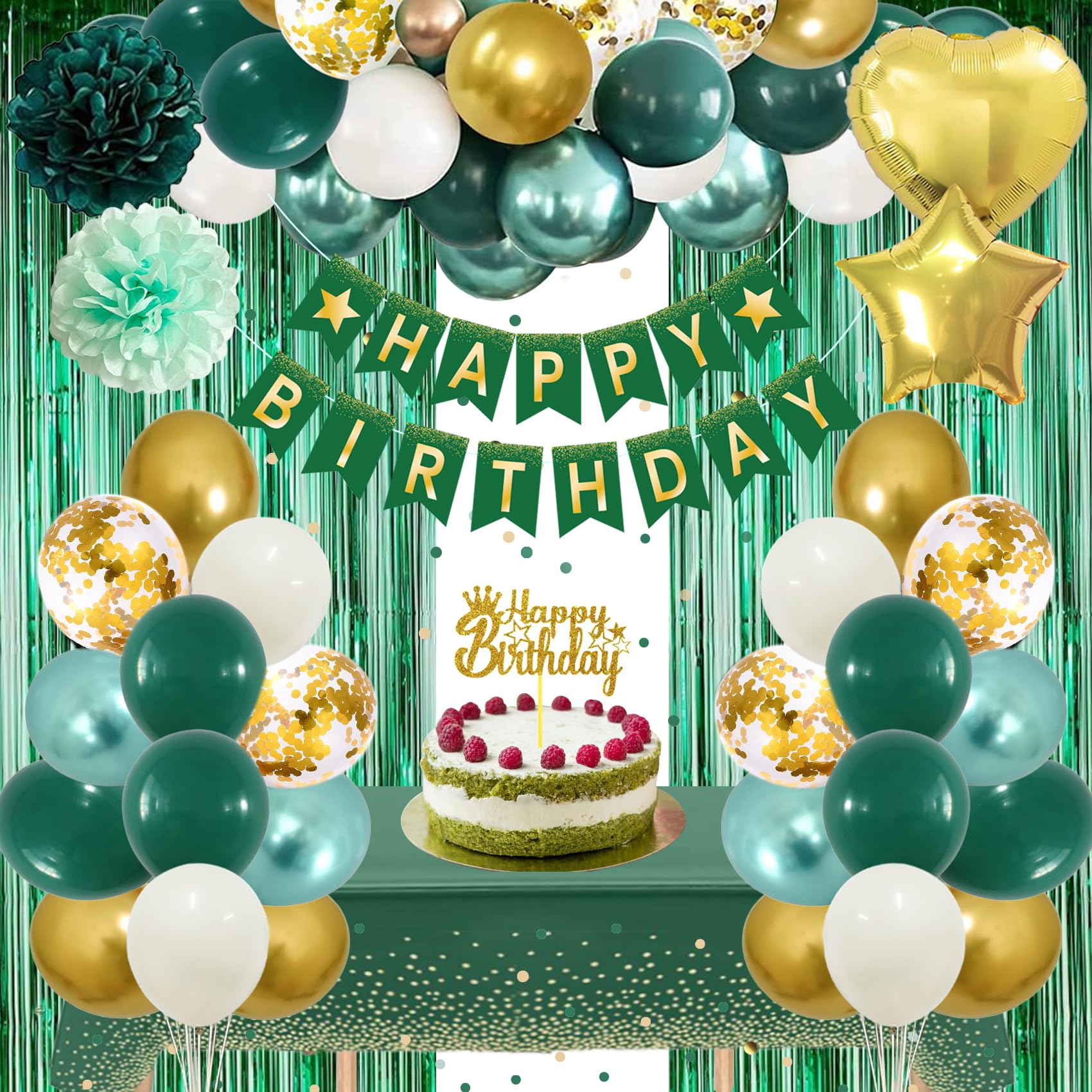 GYESXYW Green Birthday Decorations, Emerald Green and Gold Birthday Decorations with Happy Birthday Banner, Latex Balloons, Fringe Curtain, Tablecloth, Cake Topper, Pom Poms