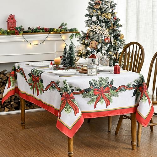 Miniatura 4 de Horaldaily Mantel navideño de 60 x 104 pulgadas, diseño de flor de pascua con cinta dorada lavable, para decoración de fiestas, pícnic, cenas