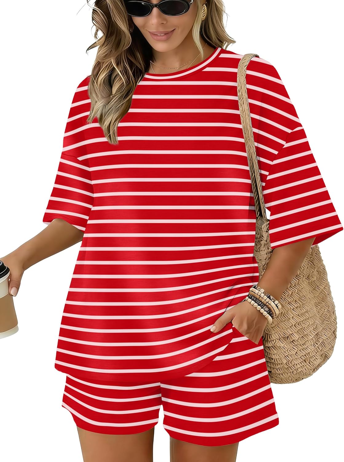 Sampeel Womens 2 Piece Sets 3/4 Sleeve Oversized Tops Lounge Sets Loungewear Business Casual Summer Outfits Workout