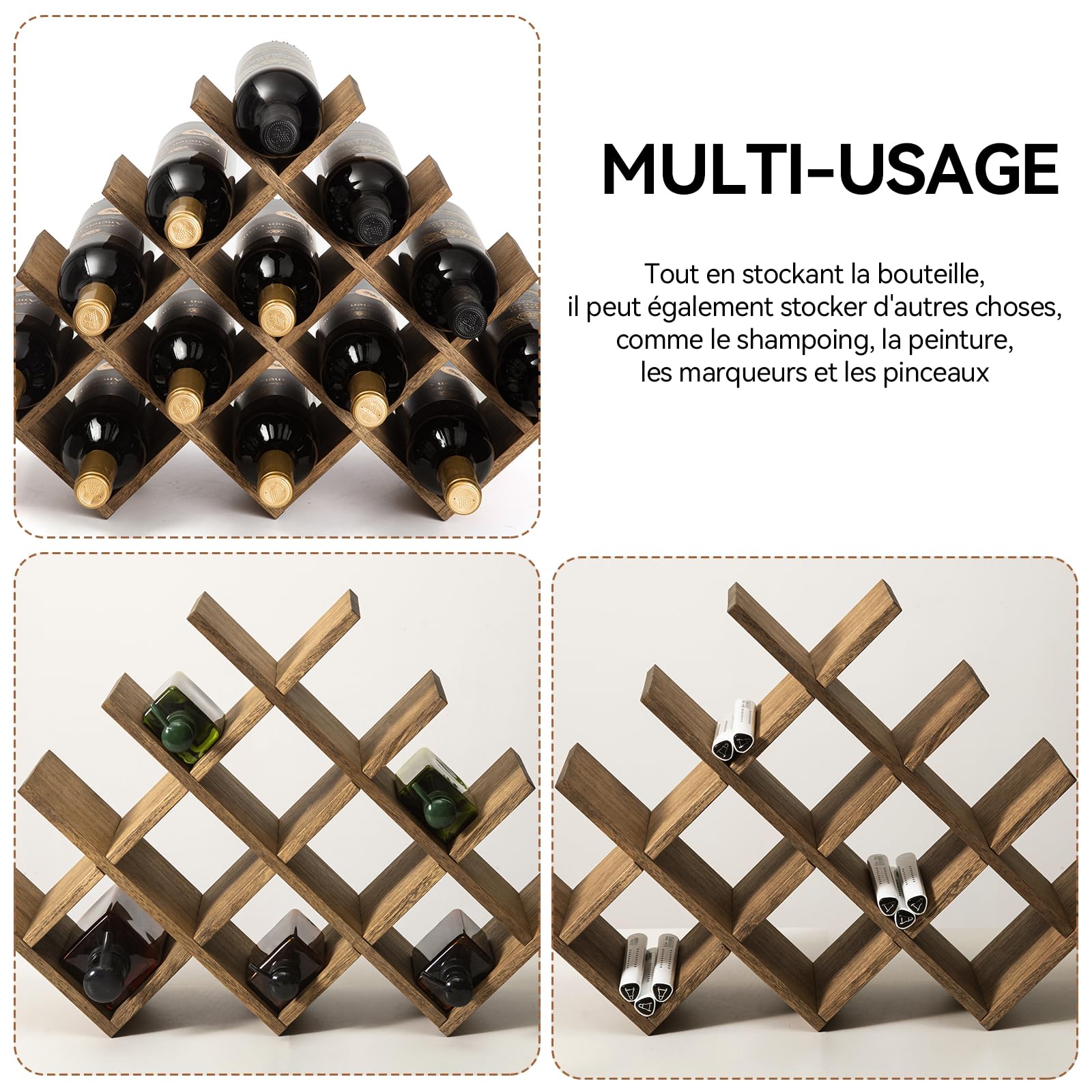 KIRIGEN Casier à vin, Porte-Bouteilles 13 Places, 56,6×15×36,5 cm, Brun | Bois massif travaillé à la main, finition à l’huile-cire, 4 étagères, montage par vis, tournevis non fourni.