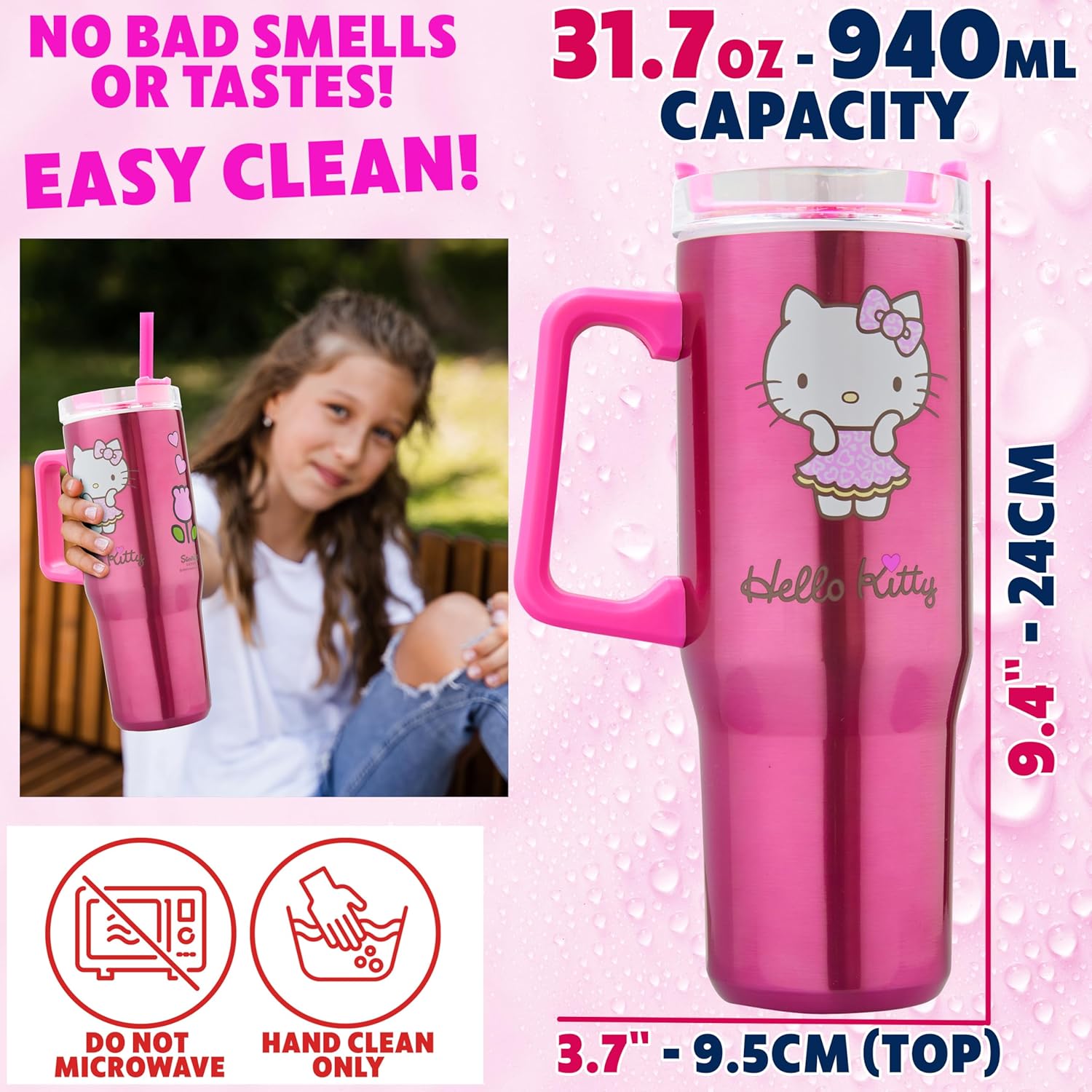 Get Trend Hello Kitty Sanrio Insulated Tumbler with Straw for Kids, Teens, Adults, 32 oz Reusable Stainless Steel Cup, Kawaii Travel Mug Gifts (Pink Hello Kitty) - Image 6