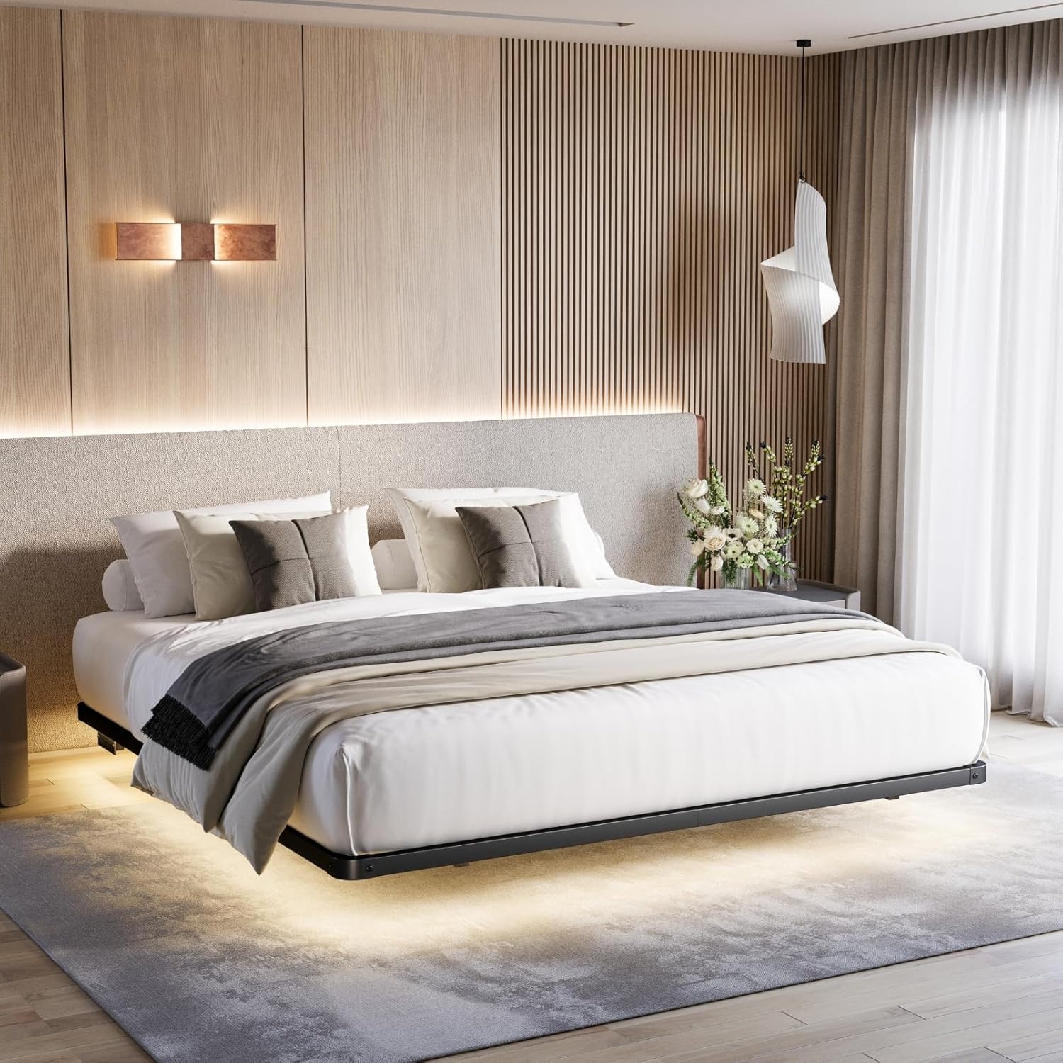 Queen Bed Frame with LED Lights Type-C & USB Charging Station, Floating Bed Frame Queen Metal Platform, No Box Spring Needed, Heavy Duty, Noise Free