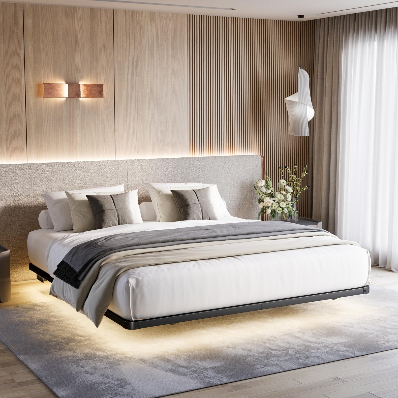 Goltriever King Size Bed Frame with LED Lights Type-C & USB Charging Station, Floating Bed Frame King Size Metal Platform, No Box Spring Needed, Heavy Duty, Noise Free