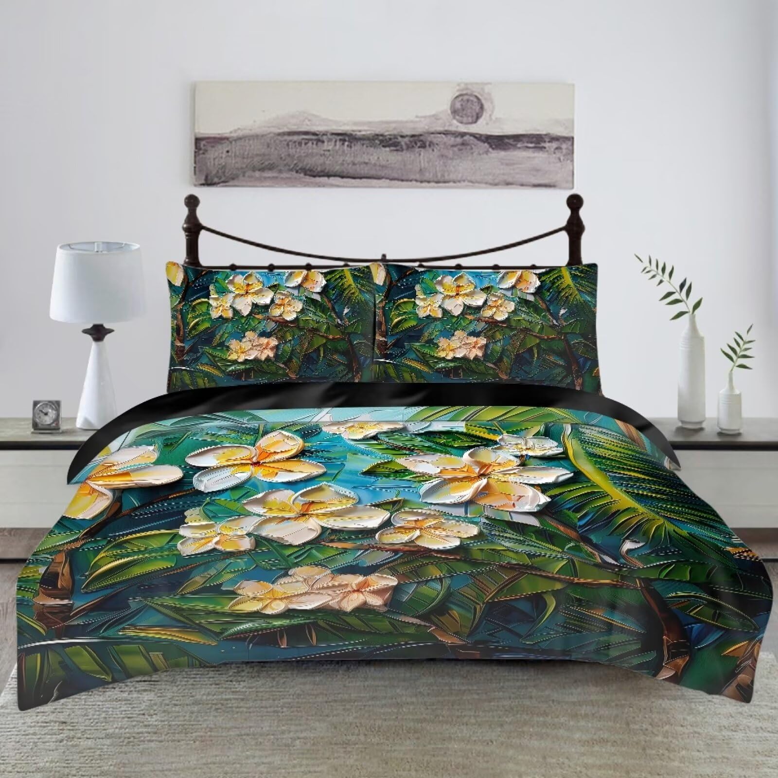 gearider King Size Bedding Sets Kids Comforter Cover Set for Girls Plumeria Tropical Palm Leaf Print 3 Pieces with 2 Pillow Shams 1 Duvet Cover