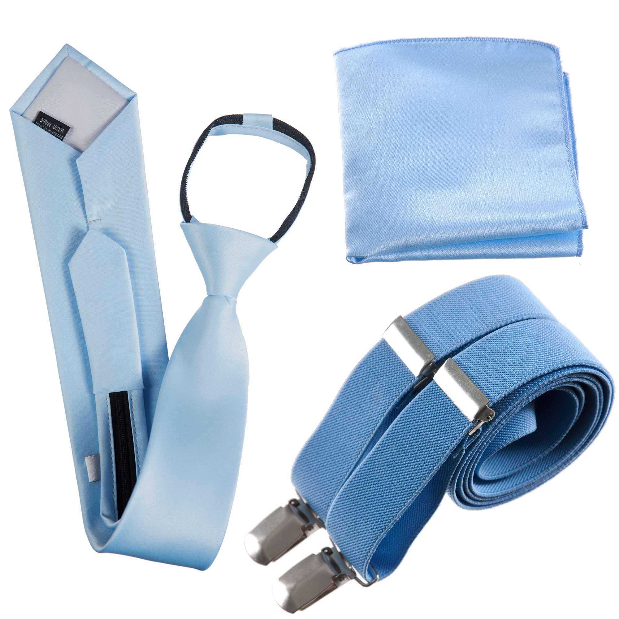 Tuxgear Boys Adjustable Neck Tie Suspender and Pocket Square Set, 40” Youth, Light Blue (40