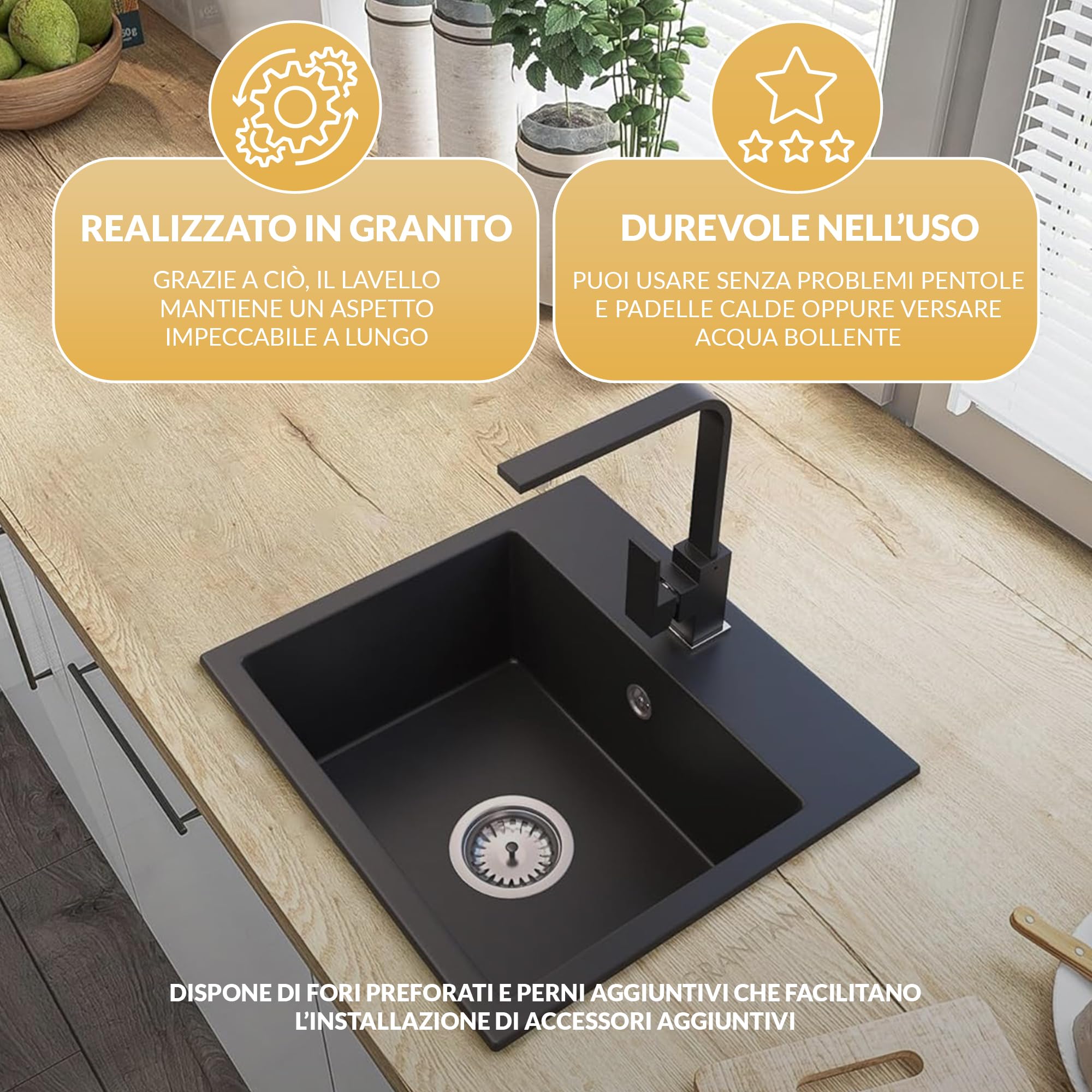 GRANITAN Lavandino Cucina Milos 45 x 42 cm - Lavandino Cucina - Lavello 1 Vasca con Sifone - Lavabo Cucina - Lavello in Granito con Fori Preforati - Beige