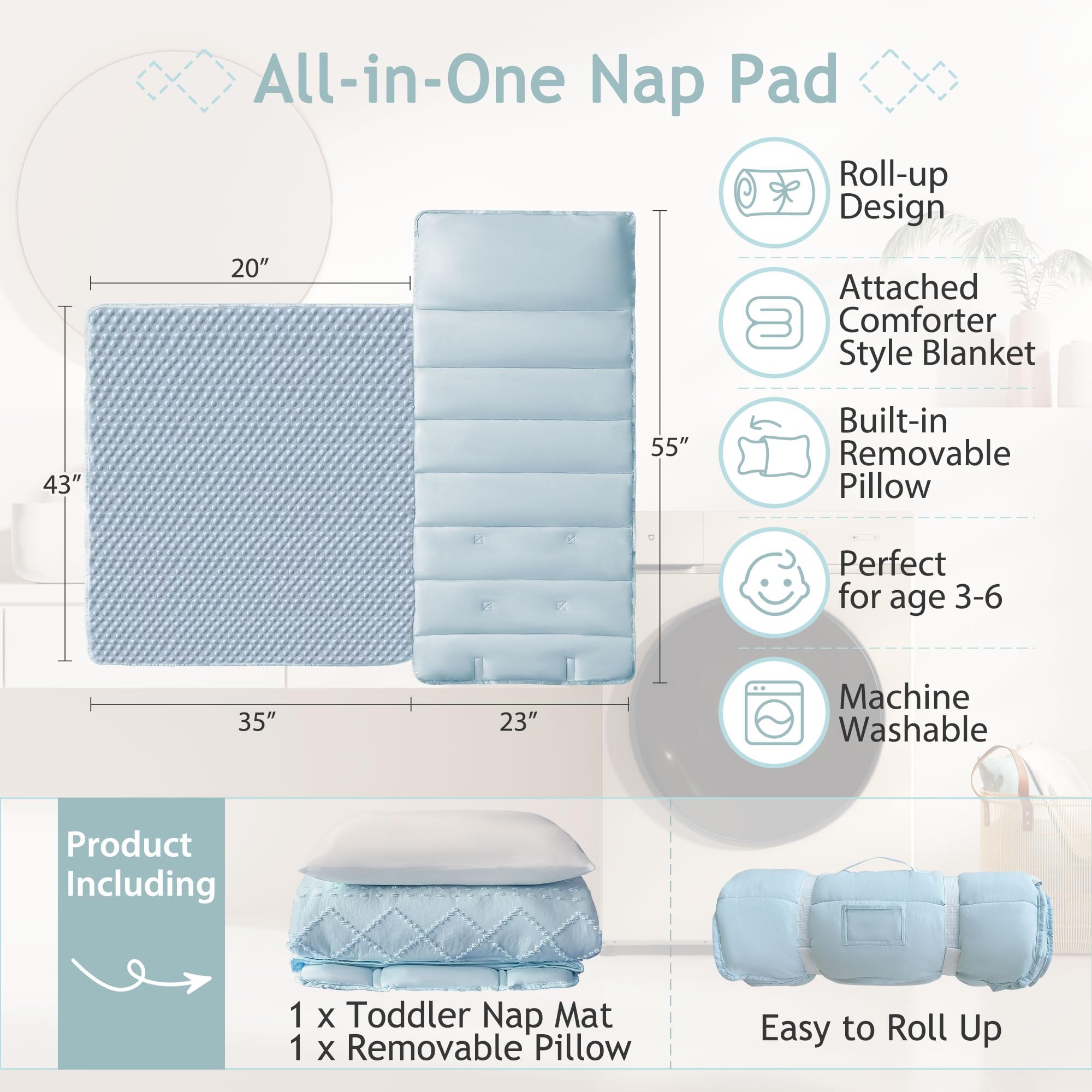 Tufted Toddler Nap Mats for Preschool Daycare Girls Blue Jacquard Tufts Kids Sleeping Mats Toddler Slumber Bag Nap Pad with Removable Pillow for Girls Boys Kindergarten Sleepovers Travel and Camping