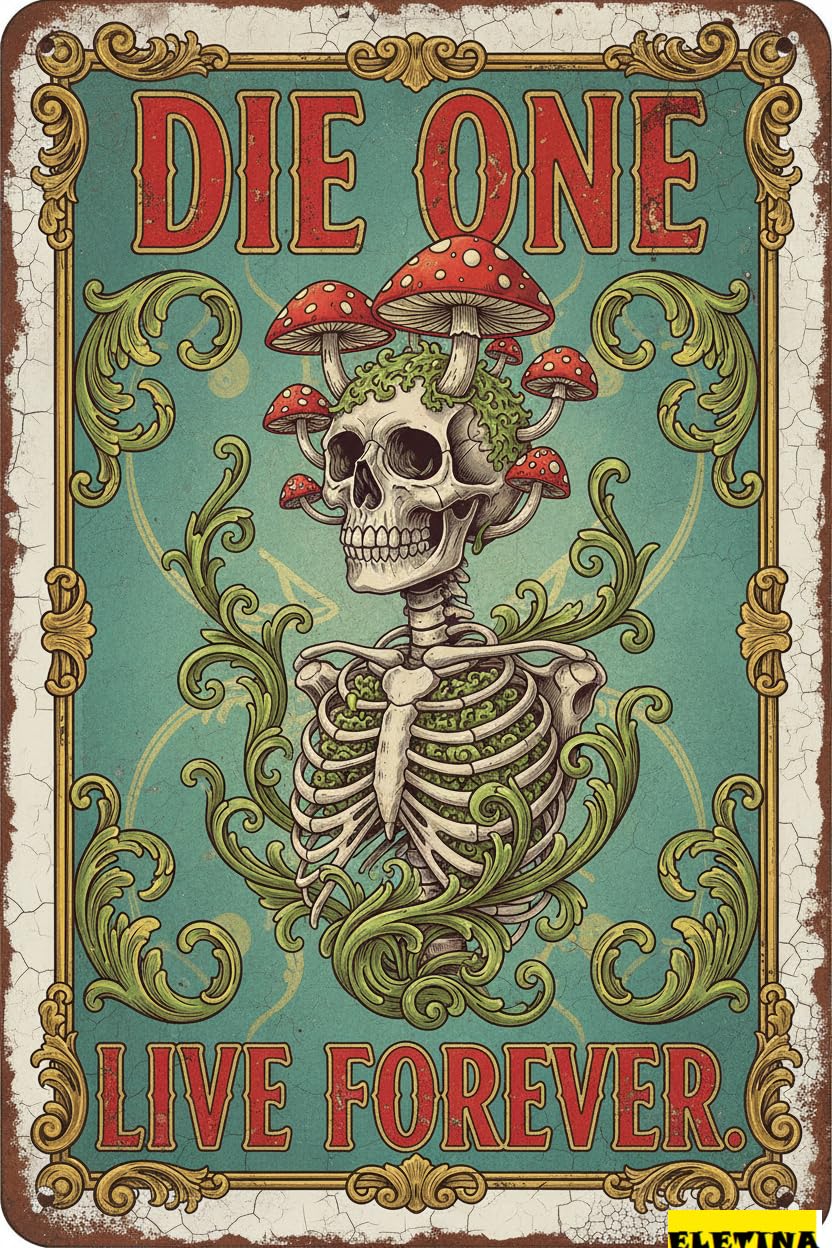 Personalized Sign for Man Cave Mushroom Skull Vintage Metal Die One Live Ever Funny Street Bedroom Decor 8x12in Private Property Decorative
