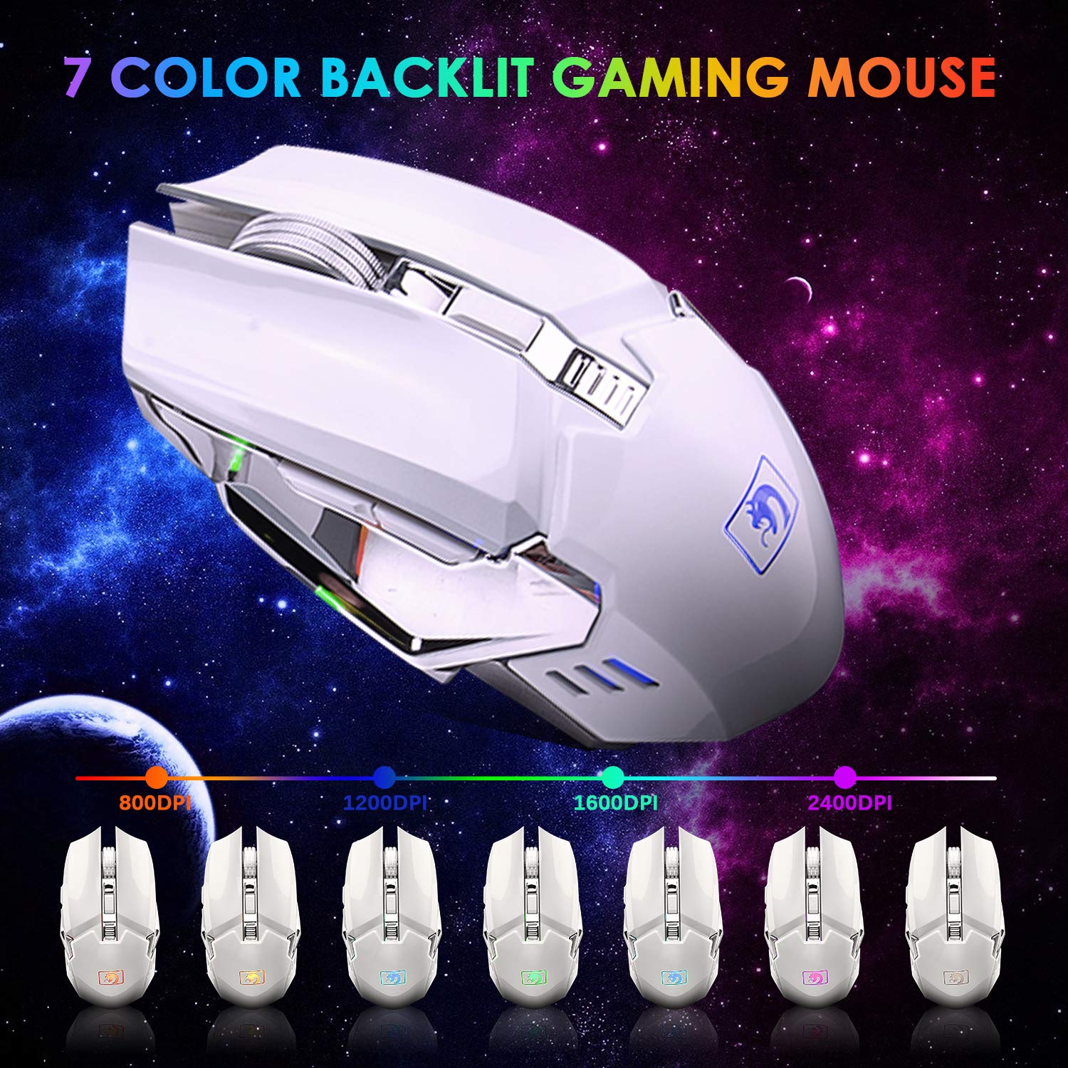 FELiCON x MAMBASNAKE K620 Tastiera da Gioco Wireless e Mouse Combo, Ricaricabile 4800mAh Semi-Mechanical Gaming Keyboard, 16 RGB Illuminato, QWERTY+2400 DPI 2.4G Wireless Gaming Mice per PC Mac-Bianco