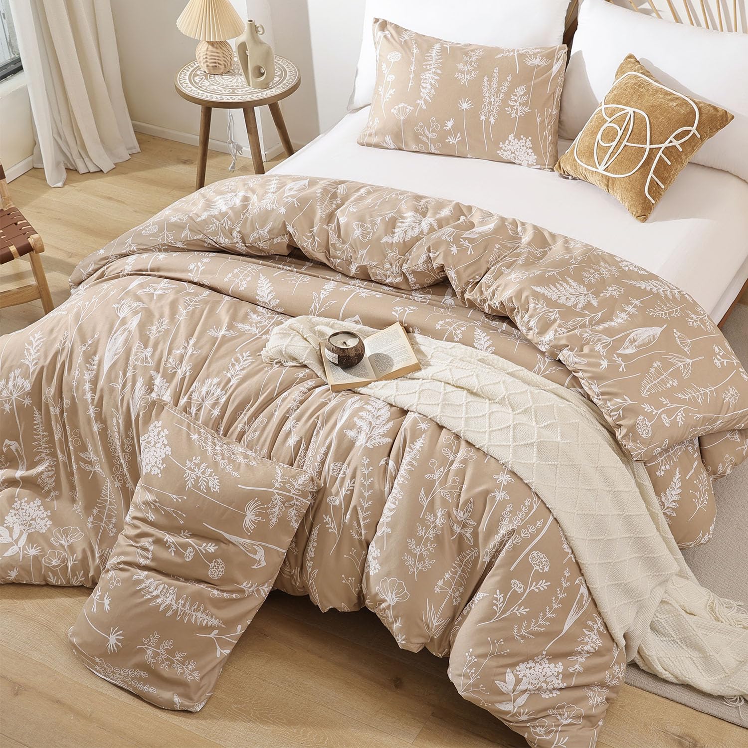 JANZAA Parure De Lit King Size 3 Pièces - Style Rustique Vintage - Couette Avoine Et 2 Taies à Volants - Microfibre Douce