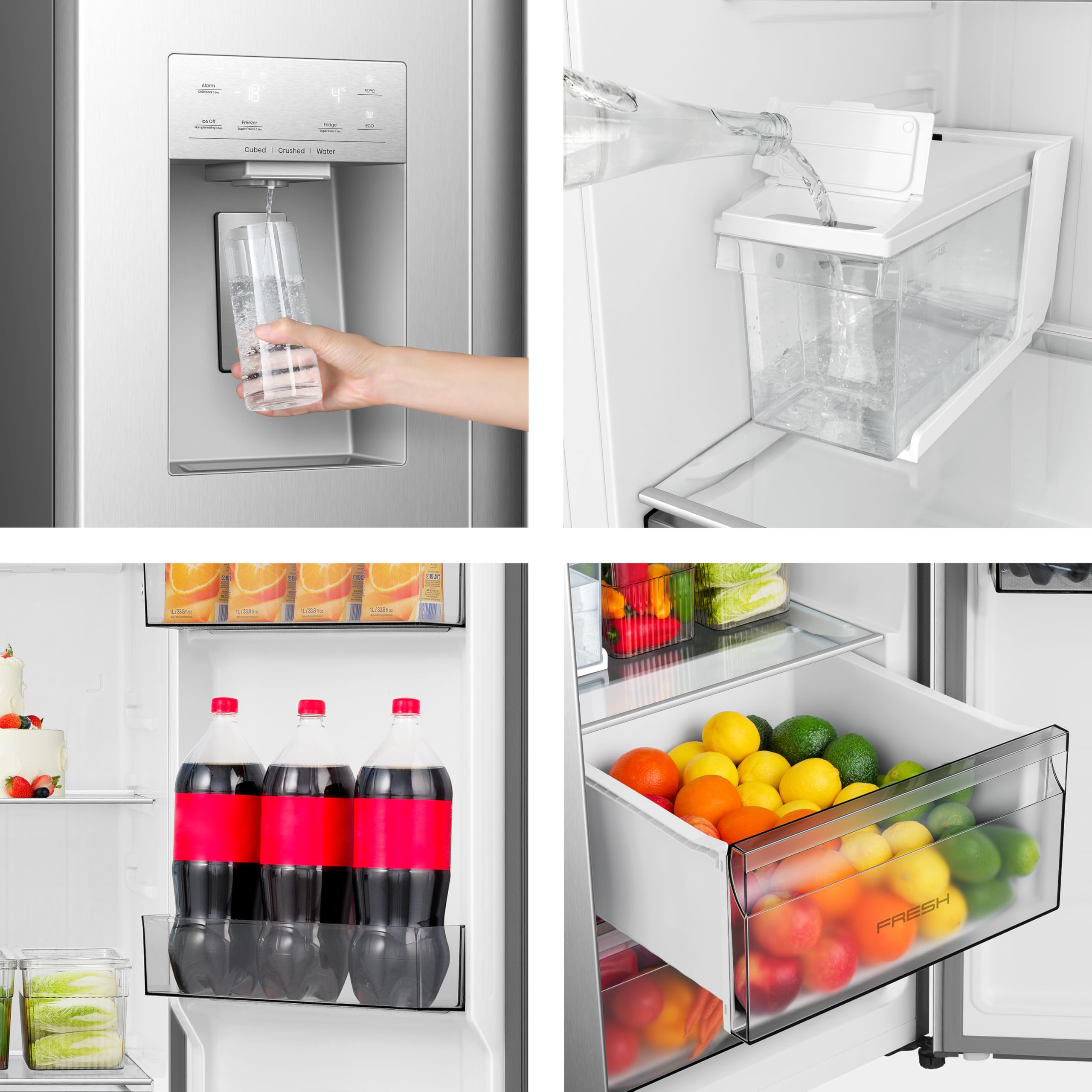 Hisense RS5P528STIE side-by-side avec distributeur de glace, crushed et eau / 528 L/Réservoir d'eau/ConnectLife/SuperCool/Big Box/Flat Duct/Compartiment de porte XXL/L x H x P : 91,1 x