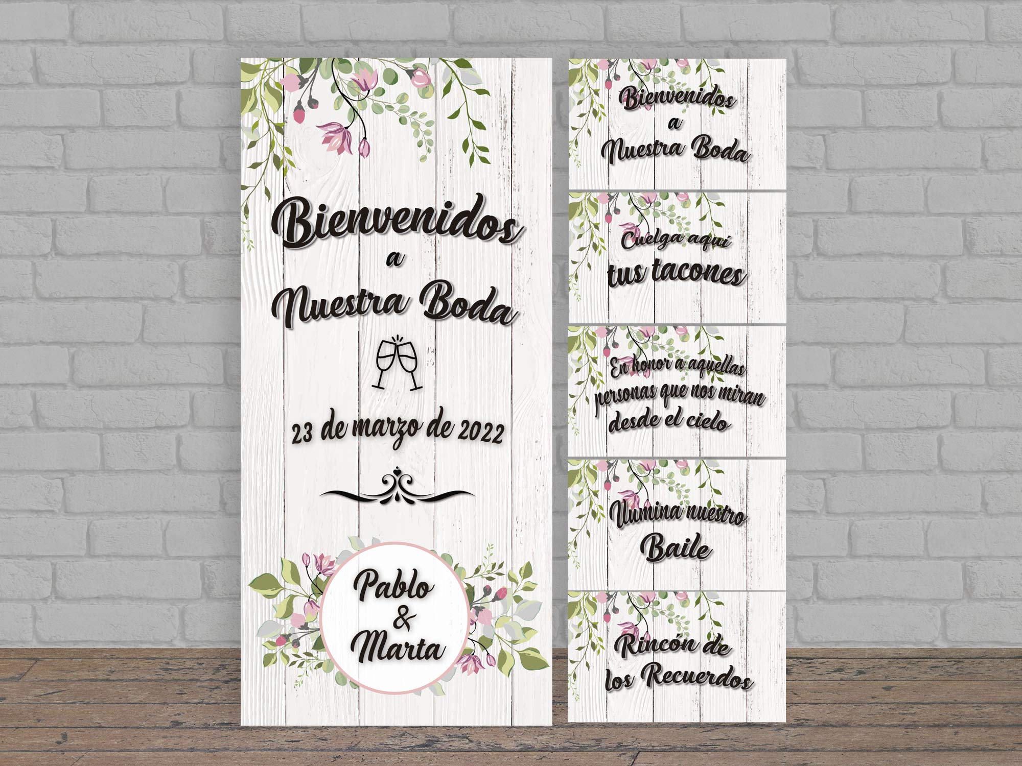 Oedim Photocall Boda Personalizado en Lona + 5 Carteles en Cartón Bienvenidos a Nuestra Boda | Varias Carteles | Photocall Personalizado Económico y Original |