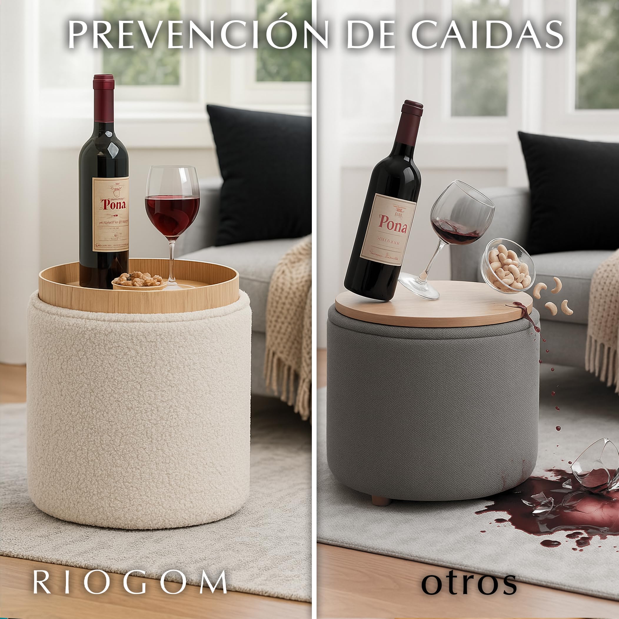 ️ Reposapies Salon - Puff Almacenaje con Mesa de Madera reversible Tela Suave, Baul Almacenaje, Reposapies Sofa, Taburete almacenaje, Banco almacenaje, Banco almacenaje asiento, Ø34x38 (Blanco)
