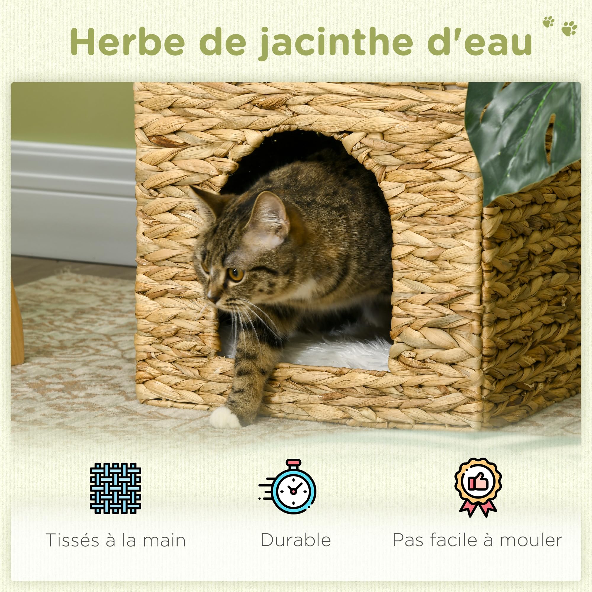 PawHut Maison à Chat Niche pour Chat à 2 Niveaux avec 2 Coussins en Jacinthe d'eau - 37,5 x 37,5 x 41,5 cm Marron, crème
