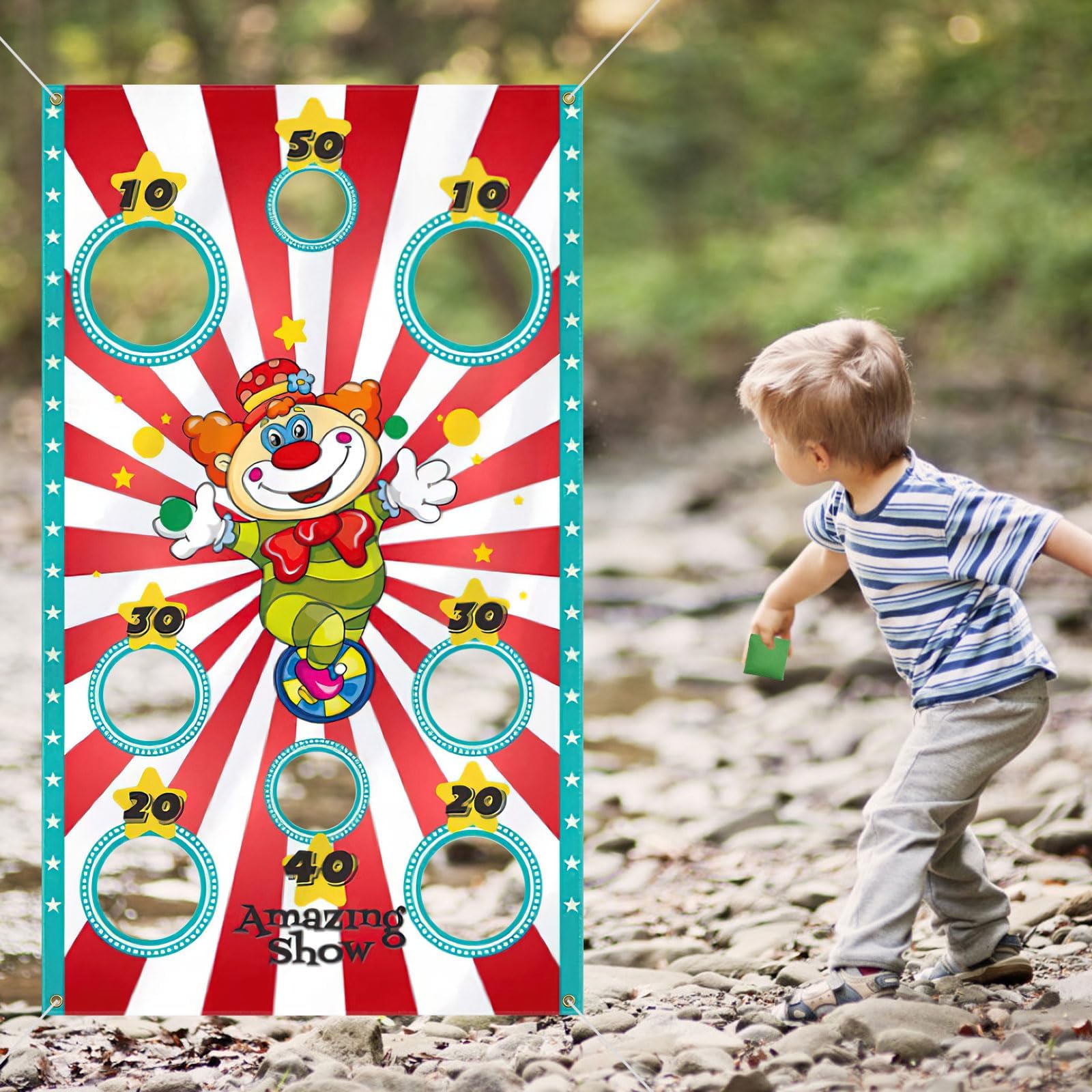 Carnival Toss Games Clown Banner with 4 Bean Bags Hanging Banner Outdoor Throwing Game Throwing Games for Kids Adults Great Carnival Decorations