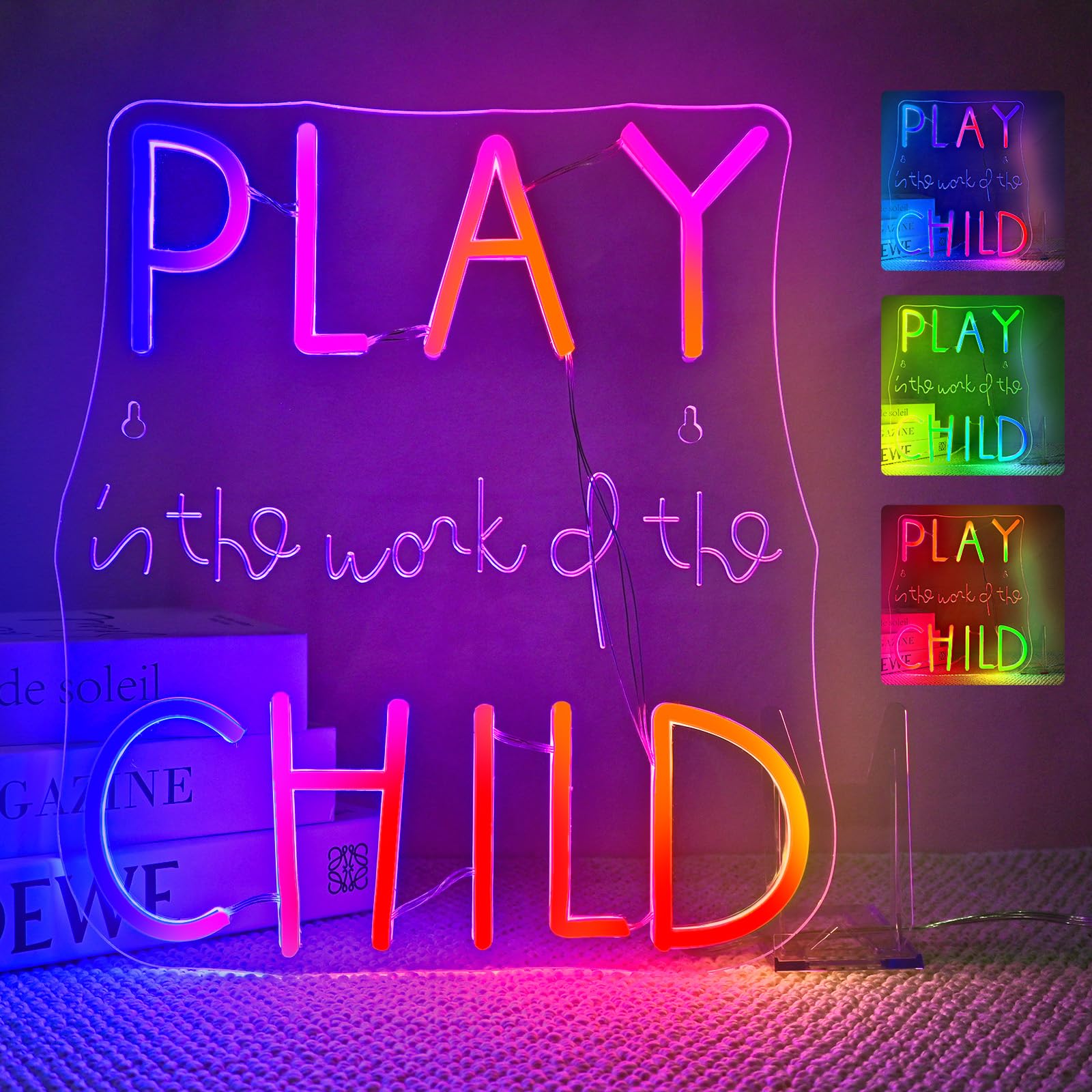 LED RGB Dynamic Neon Sign for Wall Decor Play is the Work of the Child USB Powered Dimmable for Home Party Gift Office Bedroom Kids Room