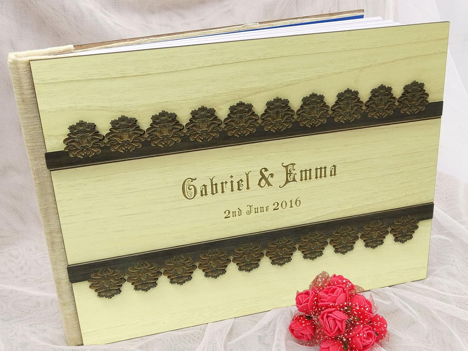 Rustic Wedding Wood Engraved Bride & Groom Advice Guestbook Handmade Personalized Guest Book - 50 Pages