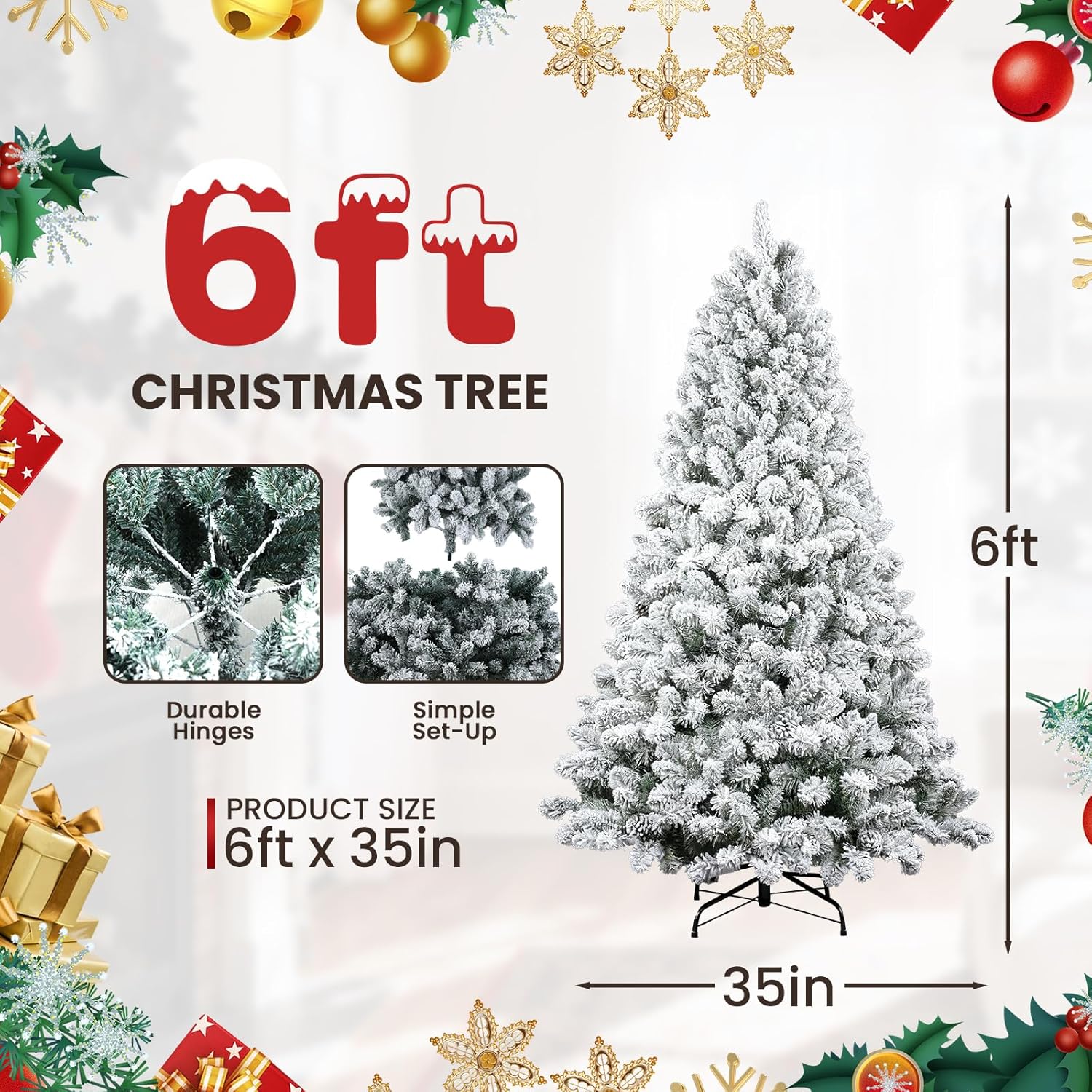 6 FT Snow Flocked Artificial Full Christmas Tree, Unlit Pine Christmas Tree with 760 Branch Tips and Foldable Base, Hinged Holiday Tree for Home, Party Decoration (Unlit Green-White, 6FT)