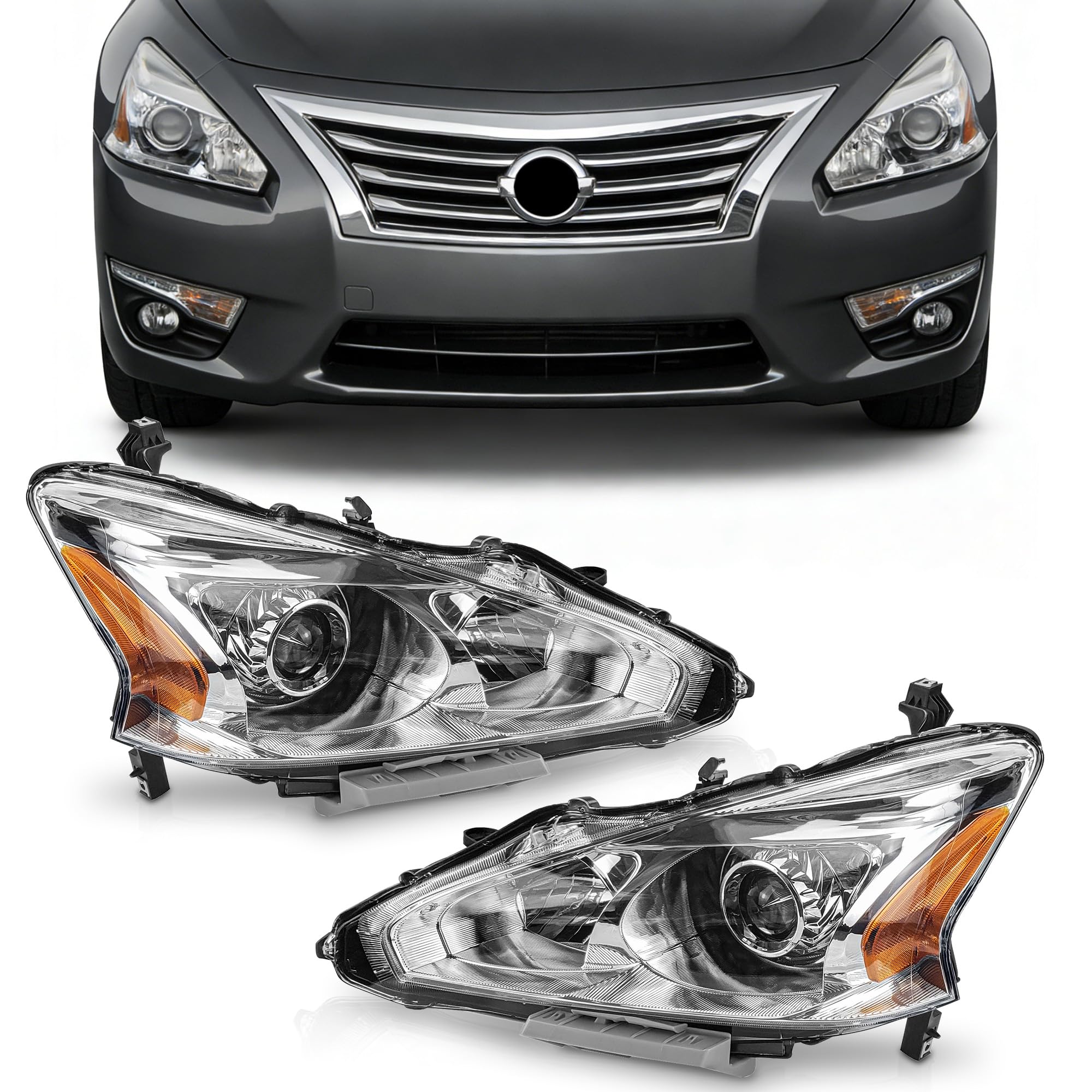 PartsFlow 2PCS Halogen Headlight Assembly Chrome Housing Headlamp Left And Right Without Bulb For 2013 2014 2015 Nissan Altima 13 14 15 Nissan Altima