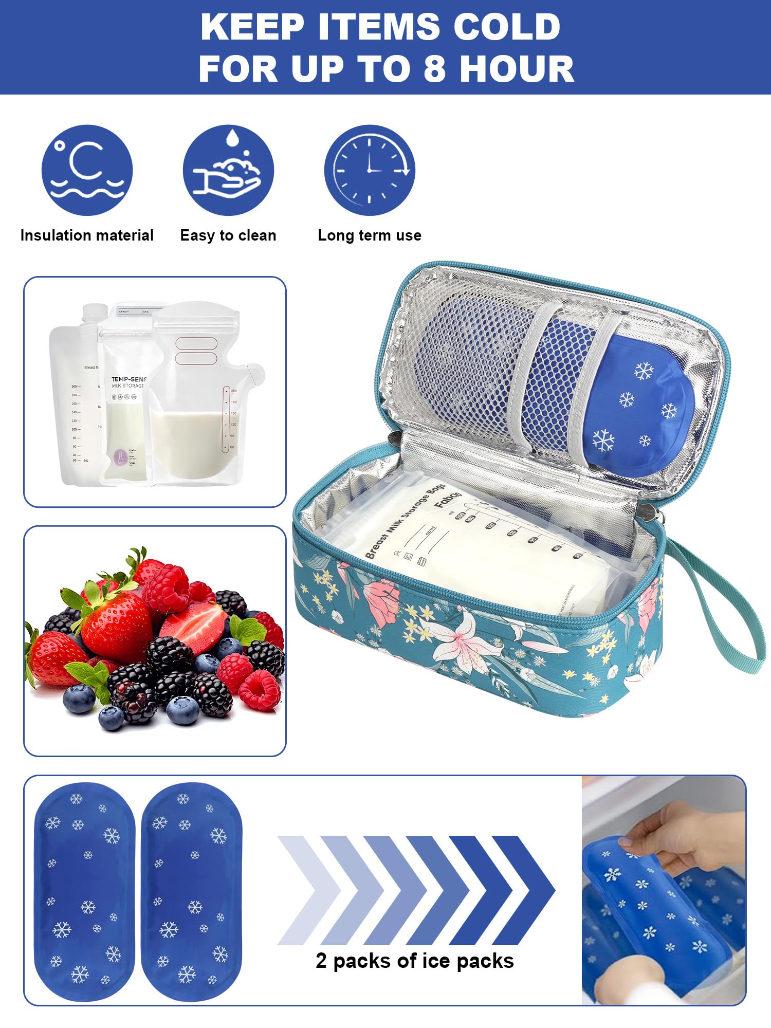 YOUSHARES Torba chłodząca do mleka matki z wyświetlaczem temperatury na 4-6 worków na mleko matki, przenośna torba termoizolacyjna do przechowywania mleka matki, w zestawie 2 akumulatory chłodzące do