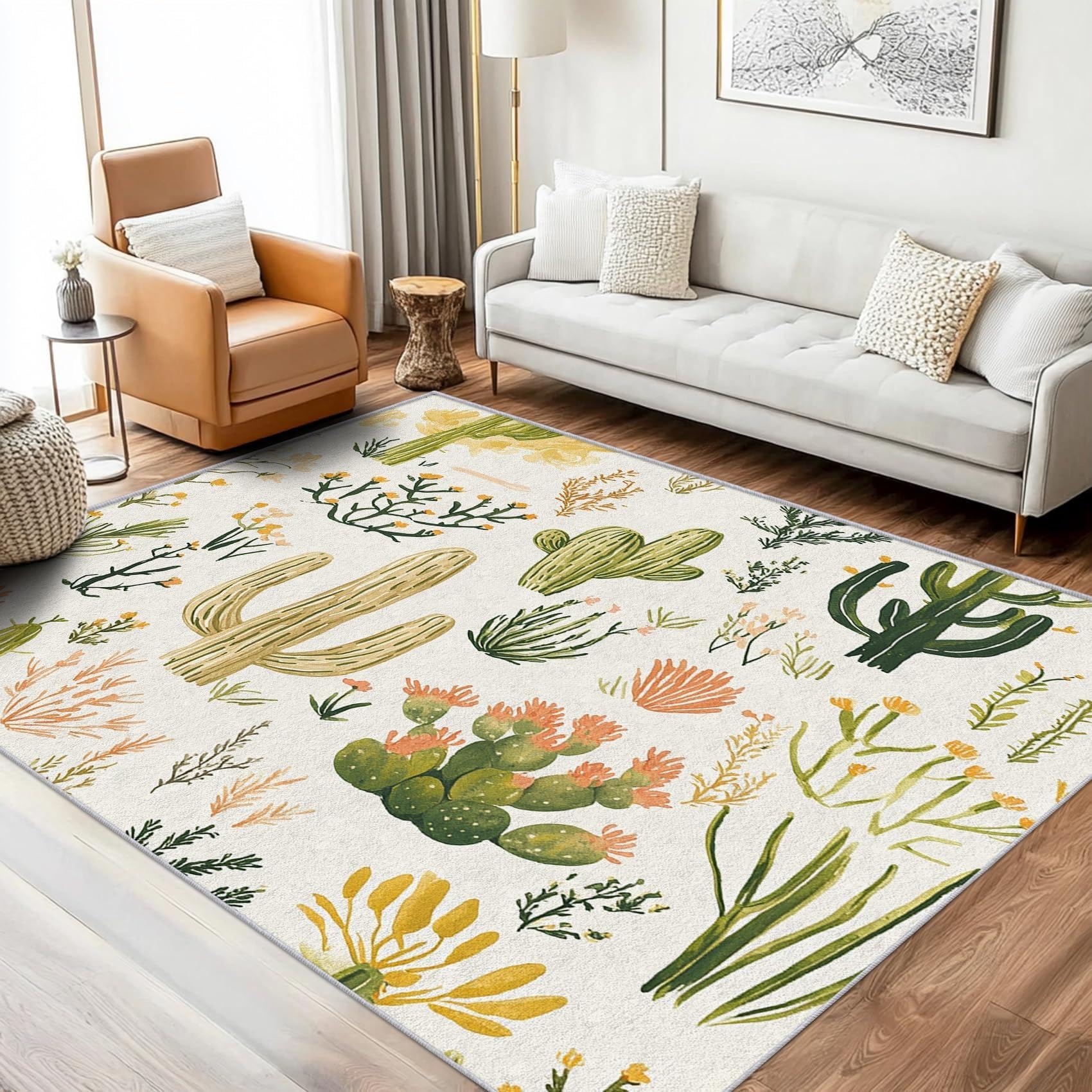 Tapis salon aquarelle cactus doux pour créer un coin lecture chaleureux en famille