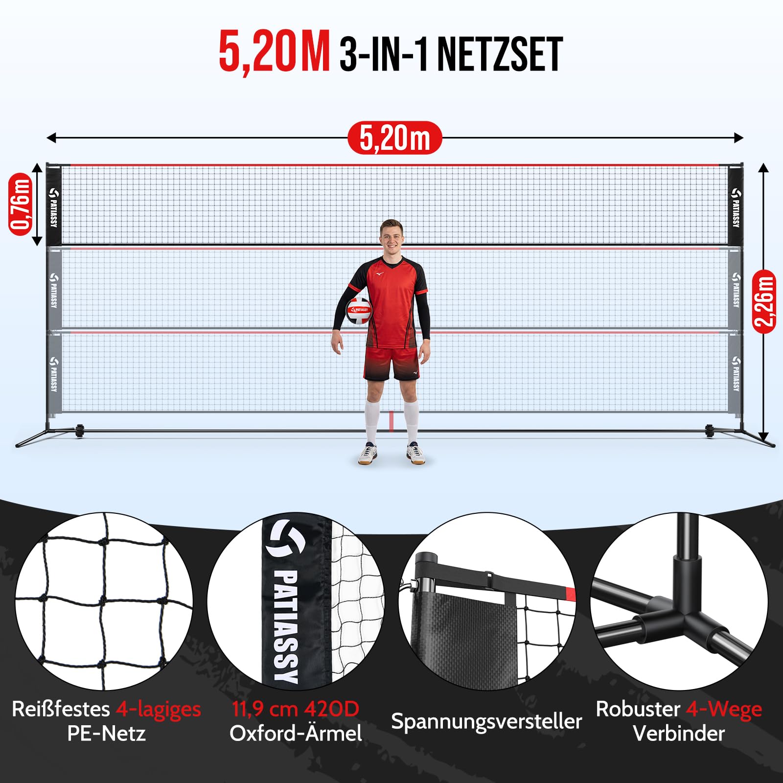 Red de bádminton de 5,2 m, red de tenis, red de voleibol para jardín, barras de altura ajustable, juego de red portátil 4 en 1 con voleibol, bádminton y tenis, raqueta de voleibol, pelota de