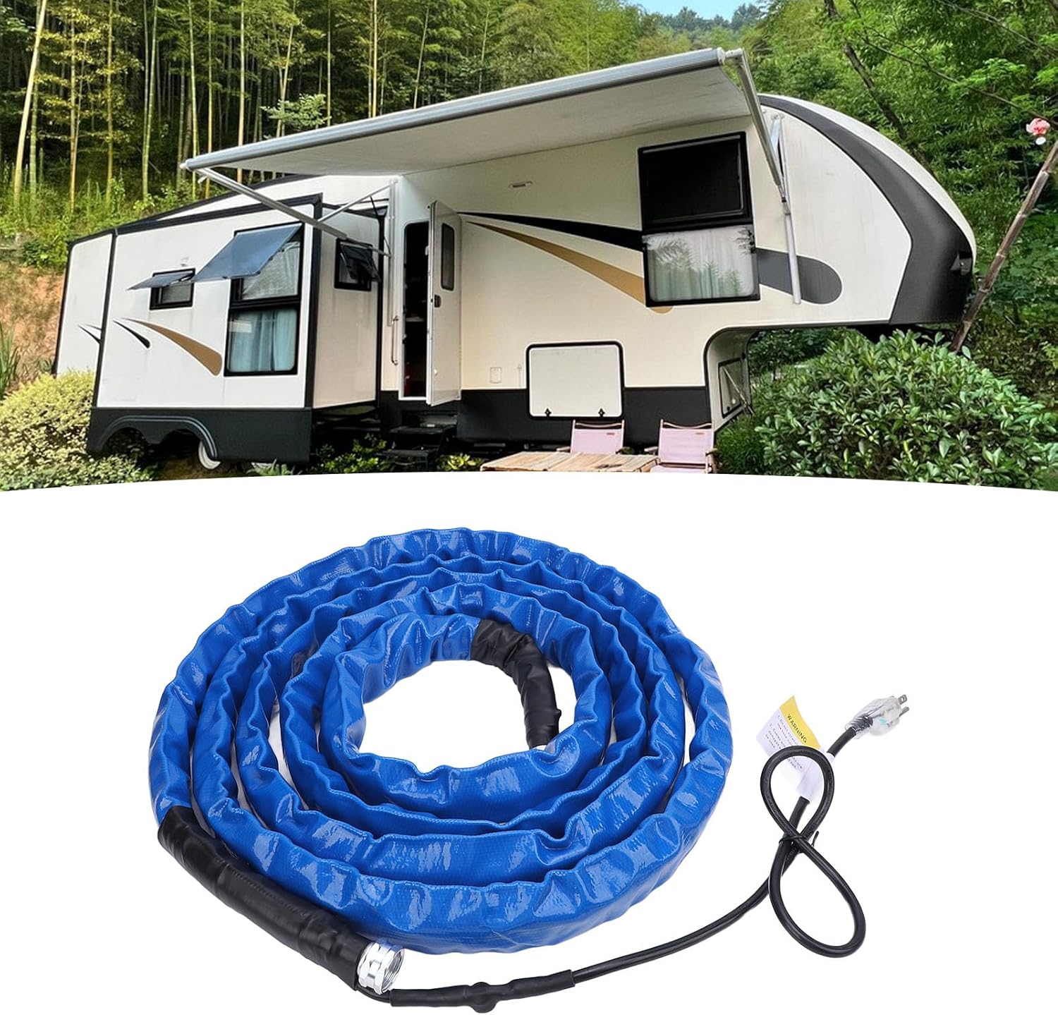 15FT RV Heated Water Hose, 0.75in GHT Fitting, Built in Thermostat, 120V US Plug, PVC with Protective Sheath, for Motorhome Garden Winter Camping
