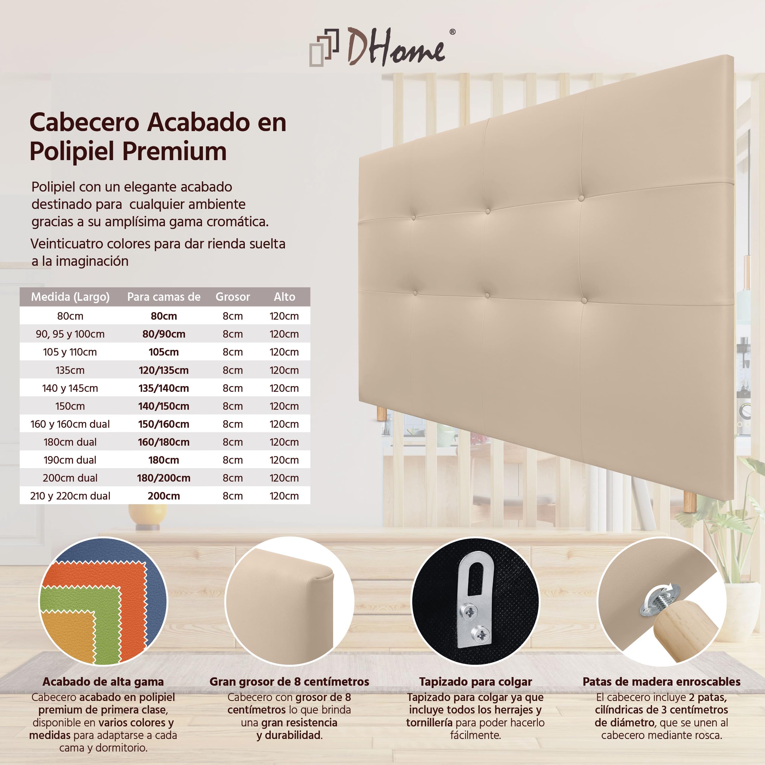 DHOME Cabecero, Cabezales de Cama Capitoné hasta el Suelo. Cabezal tapizado ACUALINE Tela y Polipiel. Cabeceros de Cama Matrimonio e Individual (Polipiel Beige, 145cm (Camas 120/135/140))