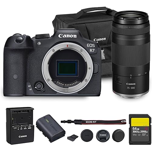 Canon EOS R7 APS-C Mirrorless Digital Camera Bundle | 32.5 Megapixel CMOS Sensor, 4K 60fps Recording for Action Photography (5137C002) with RF 75-300mm Telephoto Lens, 64GB Memory Card, Carrying Case