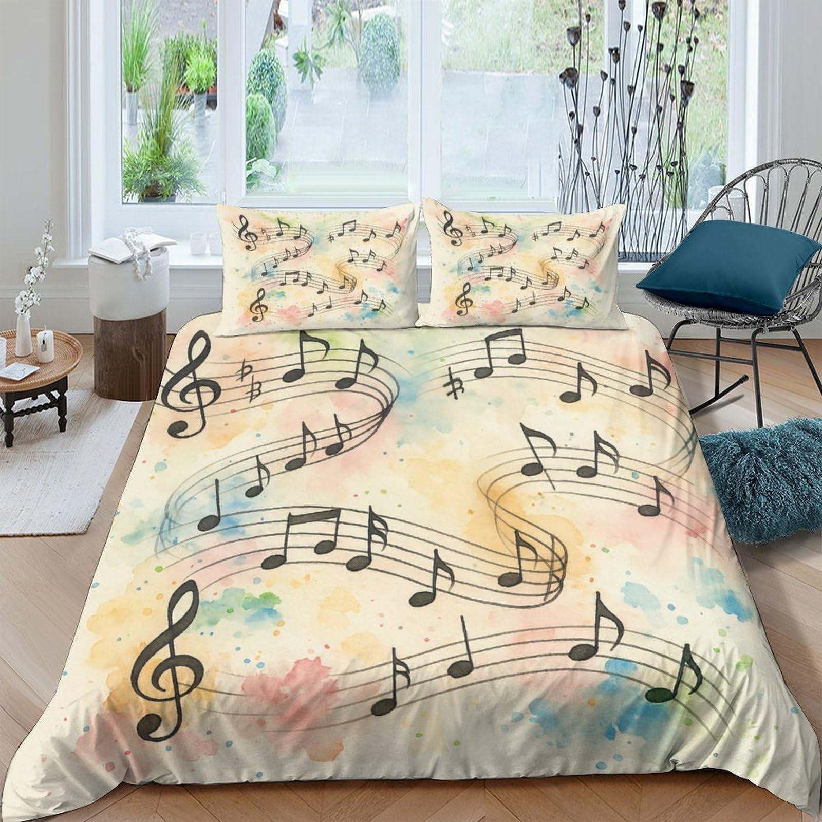 Ctjqhvkz Style-7 3D Printed Watercolor Music Notes Fitted Sheet Microfiber Colorful Bed Cover For Bedroom Dorm Mattress Protection Decor Single（135X200cm）