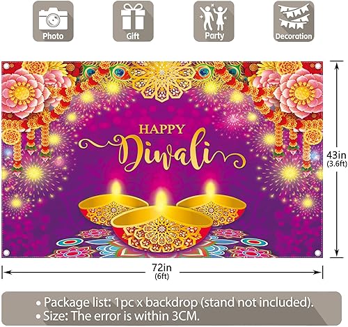 Miniatura 8 de YCUCUEI Telón de fondo de tela púrpura de 96 x 72 pulgadas Happy Diwali Festival de Luces India Festival de Luces Fondo de fotografía Floral Pluma