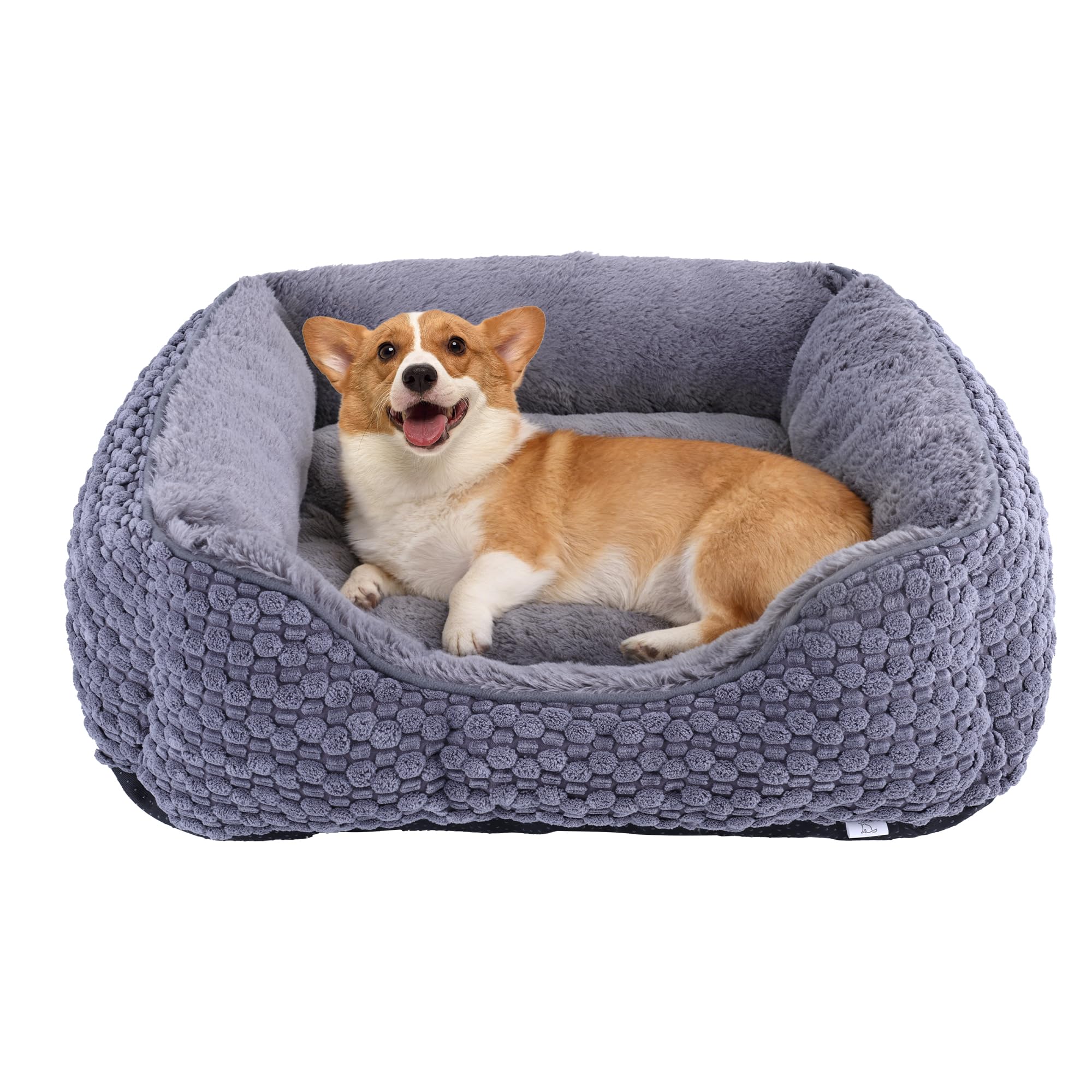 GOBOBE Plush Dog Bed Medium, Dark Grey, Machine Washable, Dog Beds Sofa With Pillow Support, 63x53x21cm, Corn Kernel Design, Non-slip Bottom, Thick PP Cotton Padding