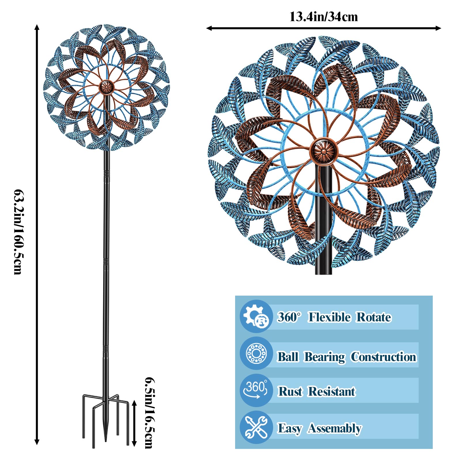 Molinillos de Viento de 360° para Exteriores, esculturas de Viento con estaca de Metal, Molino de Viento cinético Grande de Metal para decoración de Patio, molinillos para jardín, Exterior,