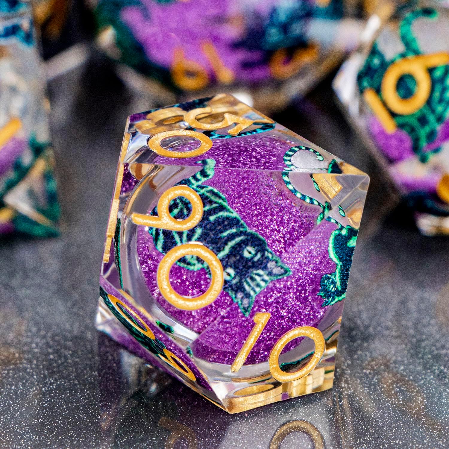 DND Cat Dice 7PCS Polyhedral Sharp Edge Dice Set with Gift Case for Dungeons Dragons Role Playing Game, RPG Resin D and D Dice D6 D8 D10 D12 D20 D% (Gold Purple)