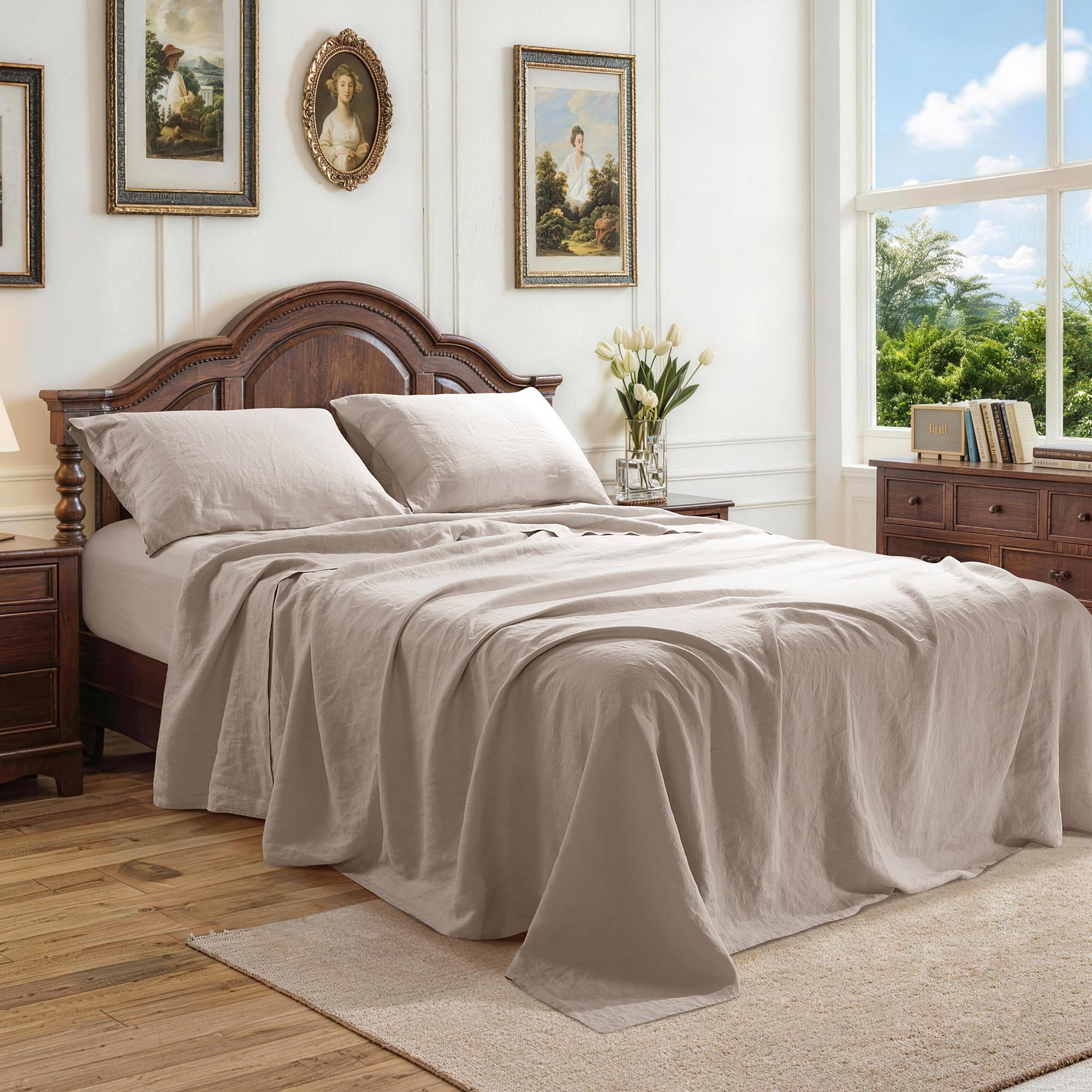 100% French Linen Sheet Set 4Pcs, 16” Deep Pocket Durable Bed Sheet Queen