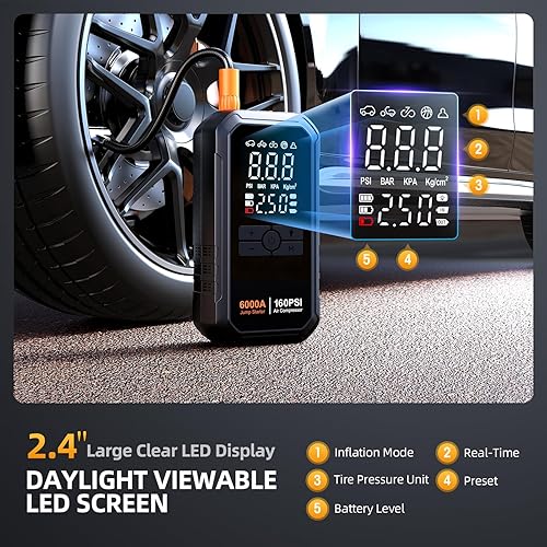 Miniatura 7 de Arrancador de salto 10 en 1 con compresor de aire 6000A 26800mAh 160PSI batería portátil de coche arrancador (todo gasolina12L diesel), caja de