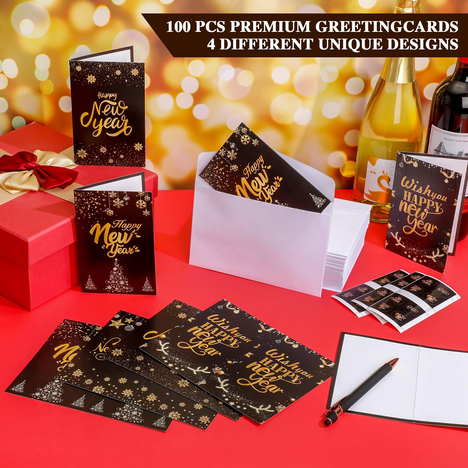 Resurhang 100 juegos de tarjetas de felicitación de Año Nuevo con sobres y calcomanías, papel de aluminio negro, tarjeta de notas en blanco para fiestas familiares, regalos de vacaciones, suministros