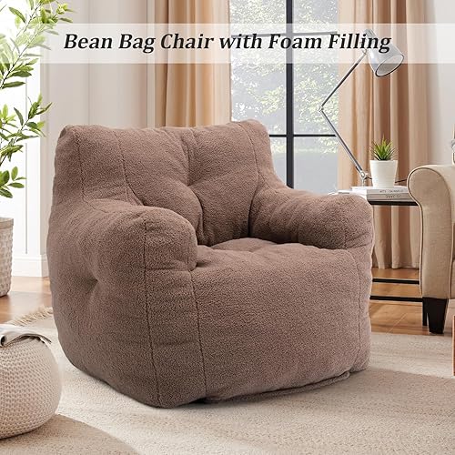 Miniatura 6 de Hommoo Puf grande para adultos con reposabrazos, cómodo puf con relleno de espuma, esponjoso, tela de peluche suave, puf copetudo para dormitorio,