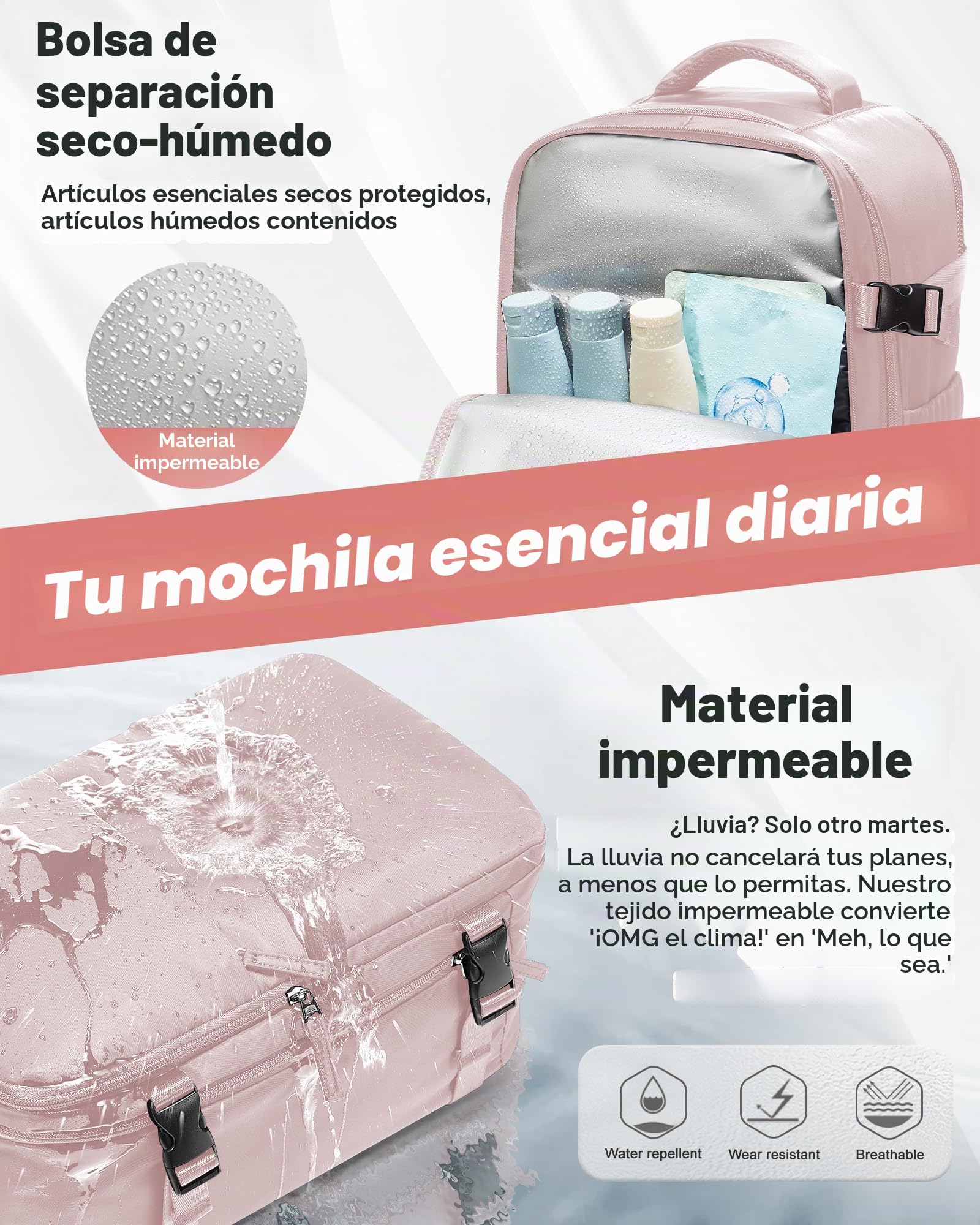 HPLQQ Mochila Viaje Cabina Avion 40x30x20 para Ryanair Mochilas de Vacío con Bomba Bolsa de Cabina Equipaje de Mano Cabina Avion Mochila de Senderismo Mochila Impermeable Cabina Mochila,M-Rosa Claro