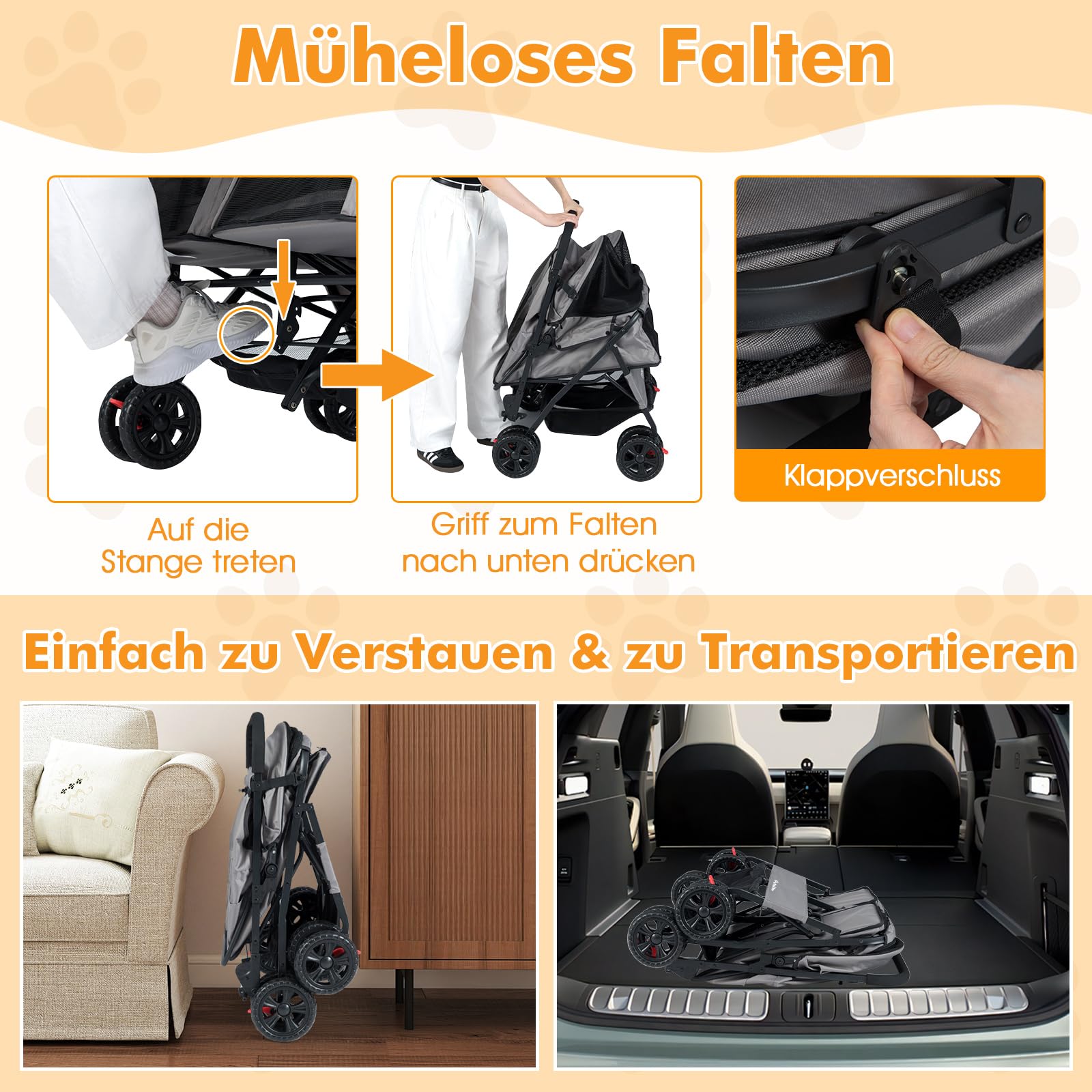COSTWAY Hundewagen Doppel, Hundebuggy faltbar für 2 Hunde und Katzen, Haustier Kinderwagen mit verstellbarem Sonnendach, Korb & Polster, Hundebox Transporttasche klappbar, Zwillingsbuggy (Grau)