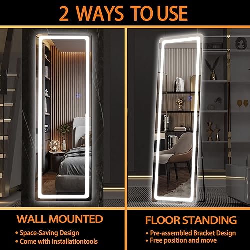 Miniatura 5 de Hasipu Espejo de longitud completa con luces, espejo LED de piso de 56 x 20 pulgadas, espejo de pie de cuerpo completo, espejo montado para colgar